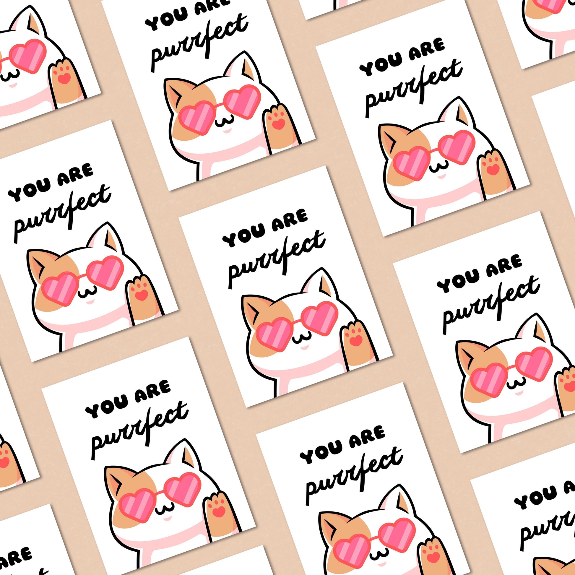Cute cat greeting card with heart-shaped sunglasses and the pun "You Are Purrfect." Perfect for cat lovers, Valentine's Day, anniversaries, or just because. Funny and adorable feline-themed card to make someone smile.
