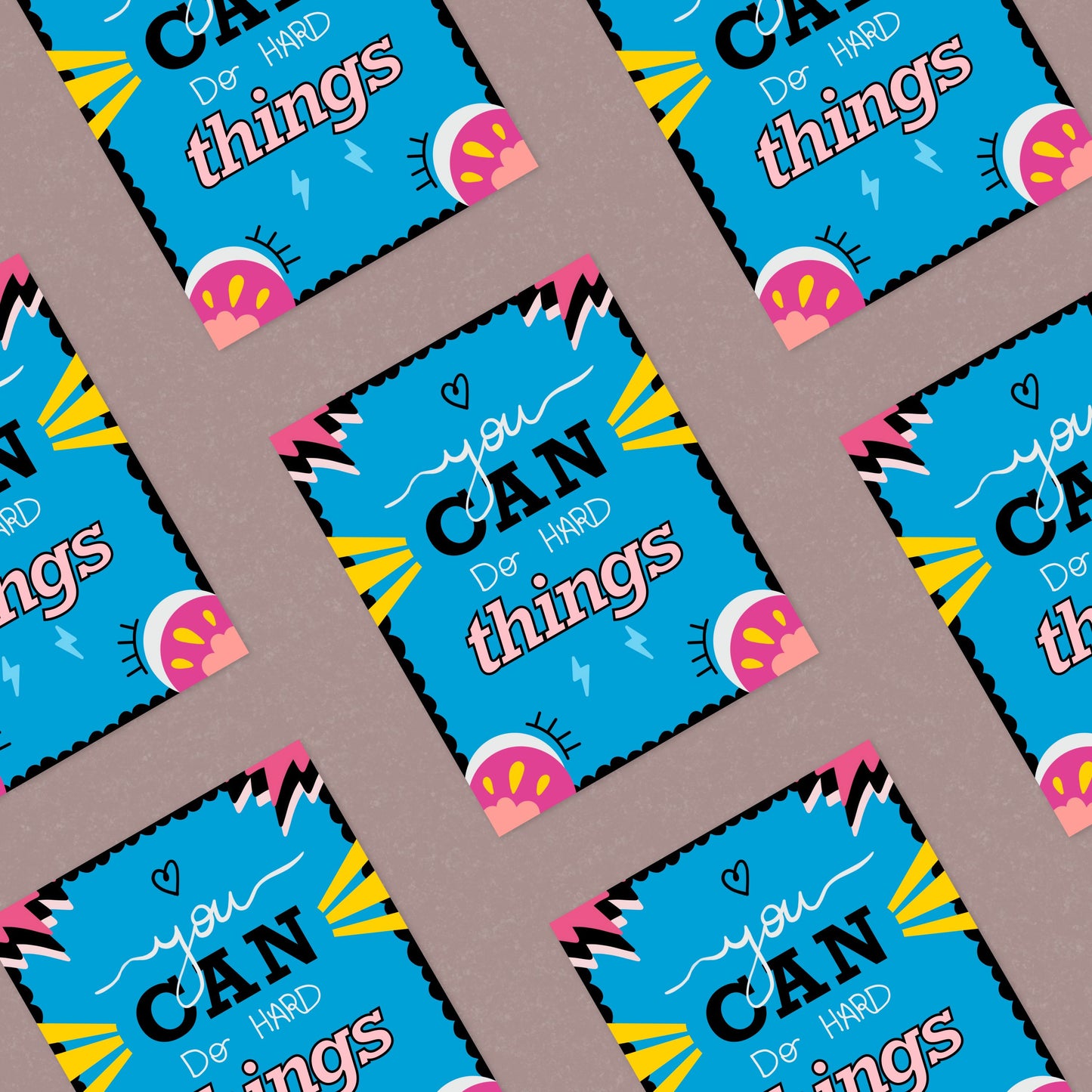 Greeting card with the phrase You Can Do Hard Things featuring original lettering and a colorful border. Perfect for encouraging and uplifting someone with cuteness and motivation.