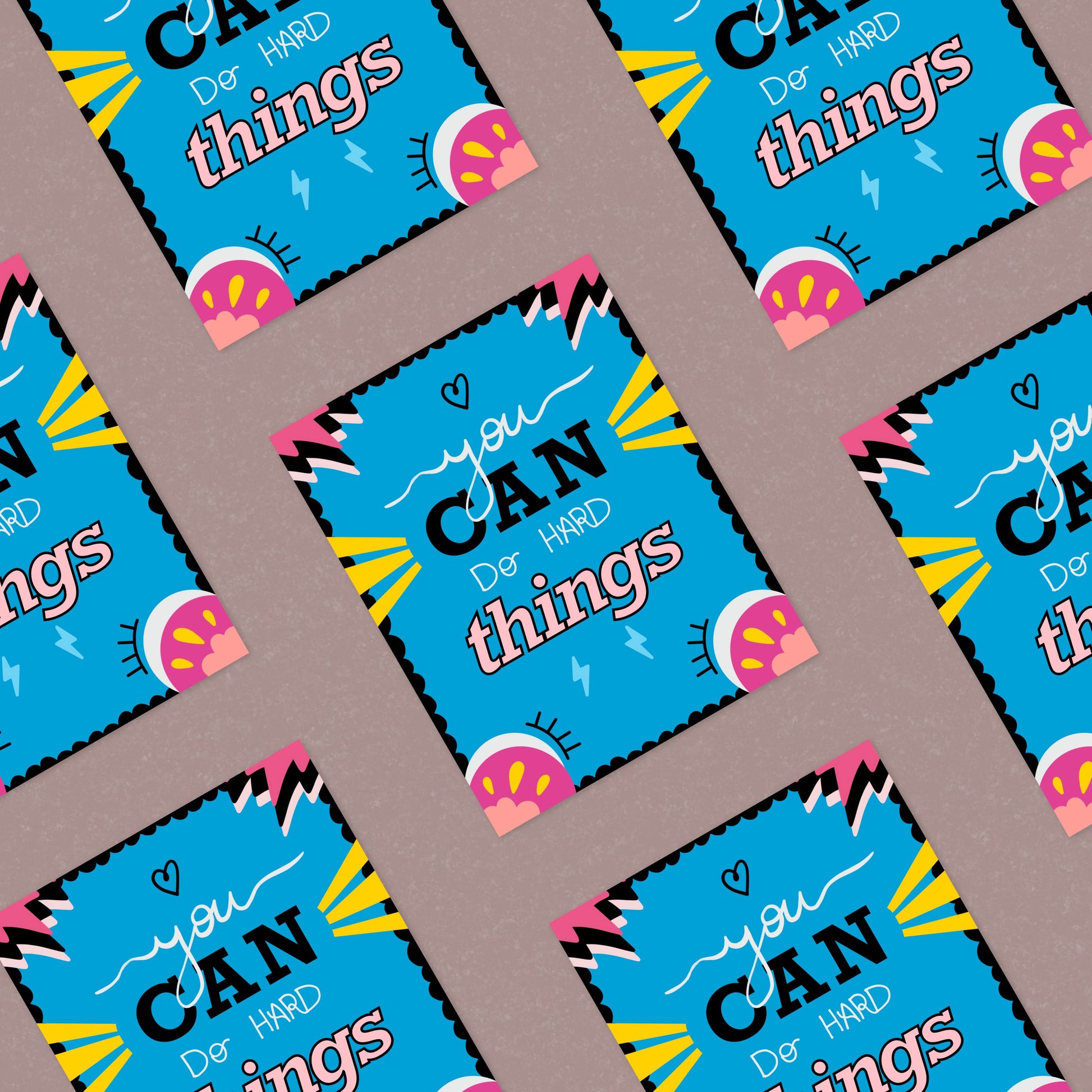 Greeting card with the phrase You Can Do Hard Things featuring original lettering and a colorful border. Perfect for encouraging and uplifting someone with cuteness and motivation.