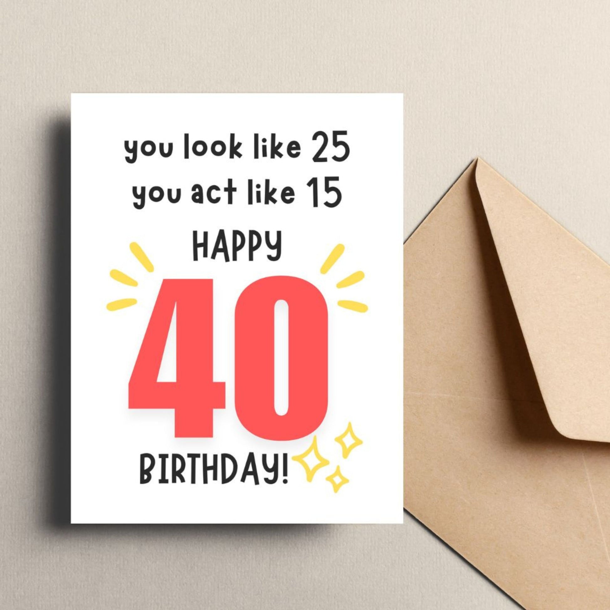 Funny 40th birthday card with bold red "40" and the phrase "You Look Like 25, You Act Like 15. Happy 40 Birthday", perfect humorous milestone card for friends or family turning forty.