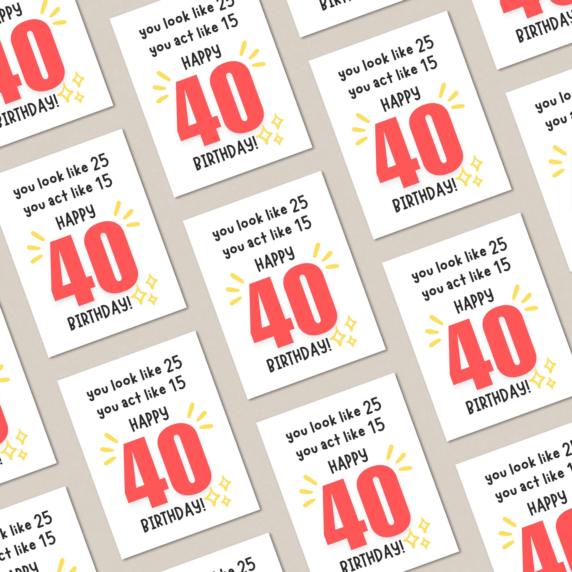 Funny 40th birthday card with bold red "40" and the phrase "You Look Like 25, You Act Like 15. Happy 40 Birthday", perfect humorous milestone card for friends or family turning forty.