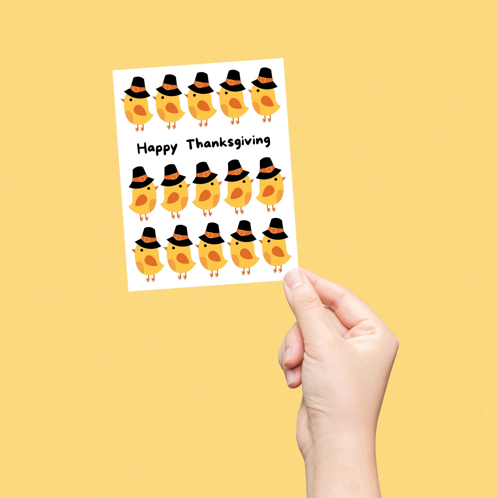 Cute Thanksgiving greeting card featuring adorable cartoon chicks wearing pilgrim hats with the phrase "Happy Thanksgiving" in bold. Perfect for spreading holiday cheer, humor, and festive vibes.