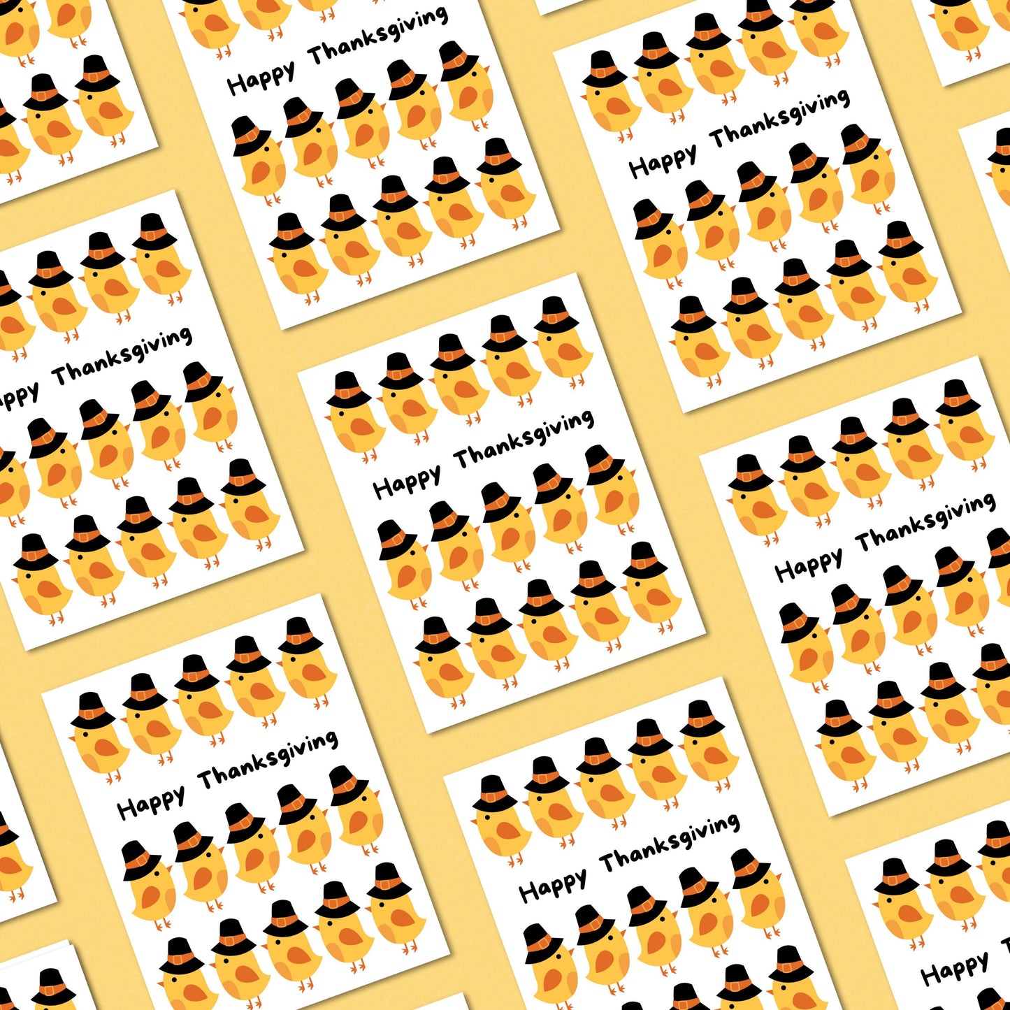 Cute Thanksgiving greeting card featuring adorable cartoon chicks wearing pilgrim hats with the phrase "Happy Thanksgiving" in bold. Perfect for spreading holiday cheer, humor, and festive vibes.