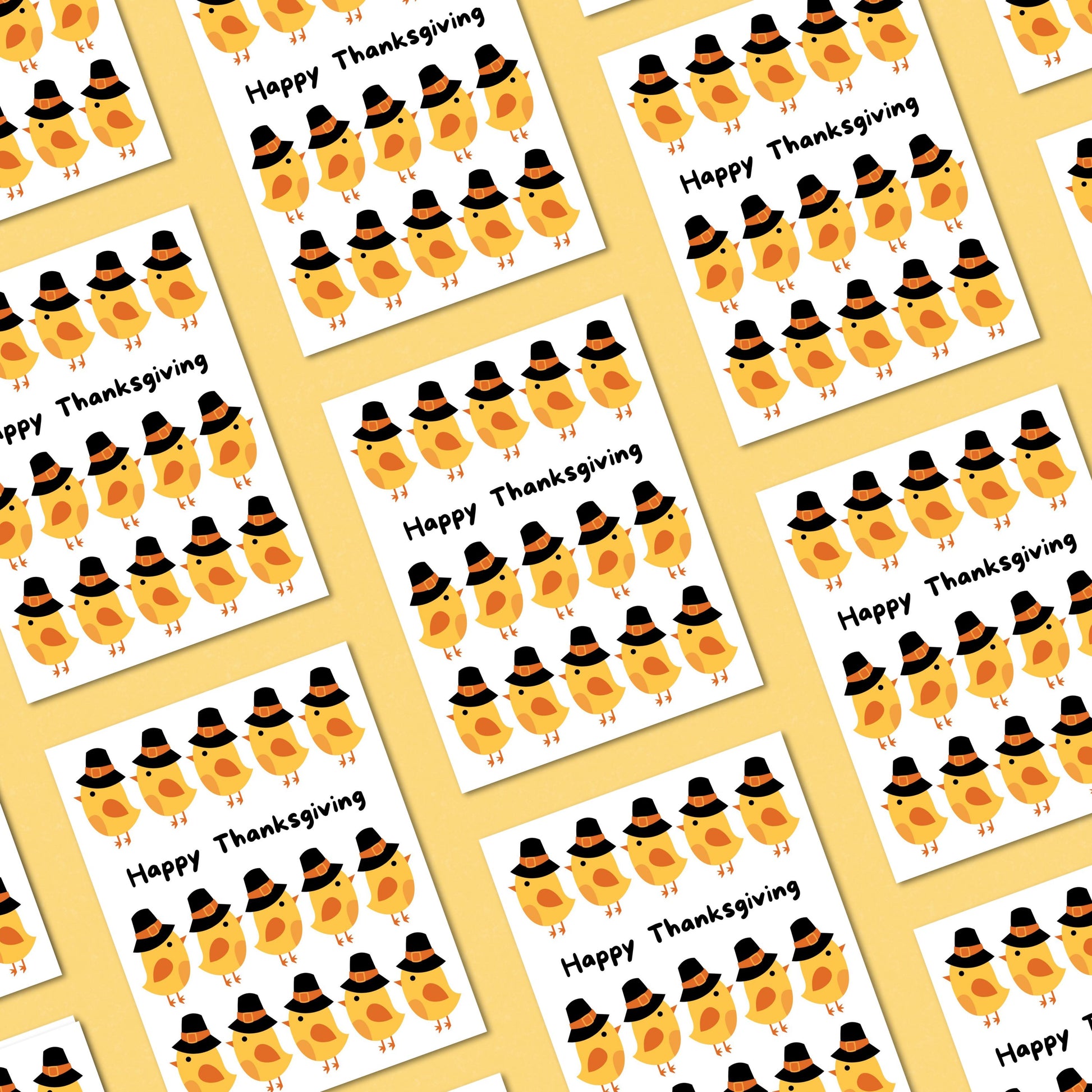 Cute Thanksgiving greeting card featuring adorable cartoon chicks wearing pilgrim hats with the phrase "Happy Thanksgiving" in bold. Perfect for spreading holiday cheer, humor, and festive vibes.