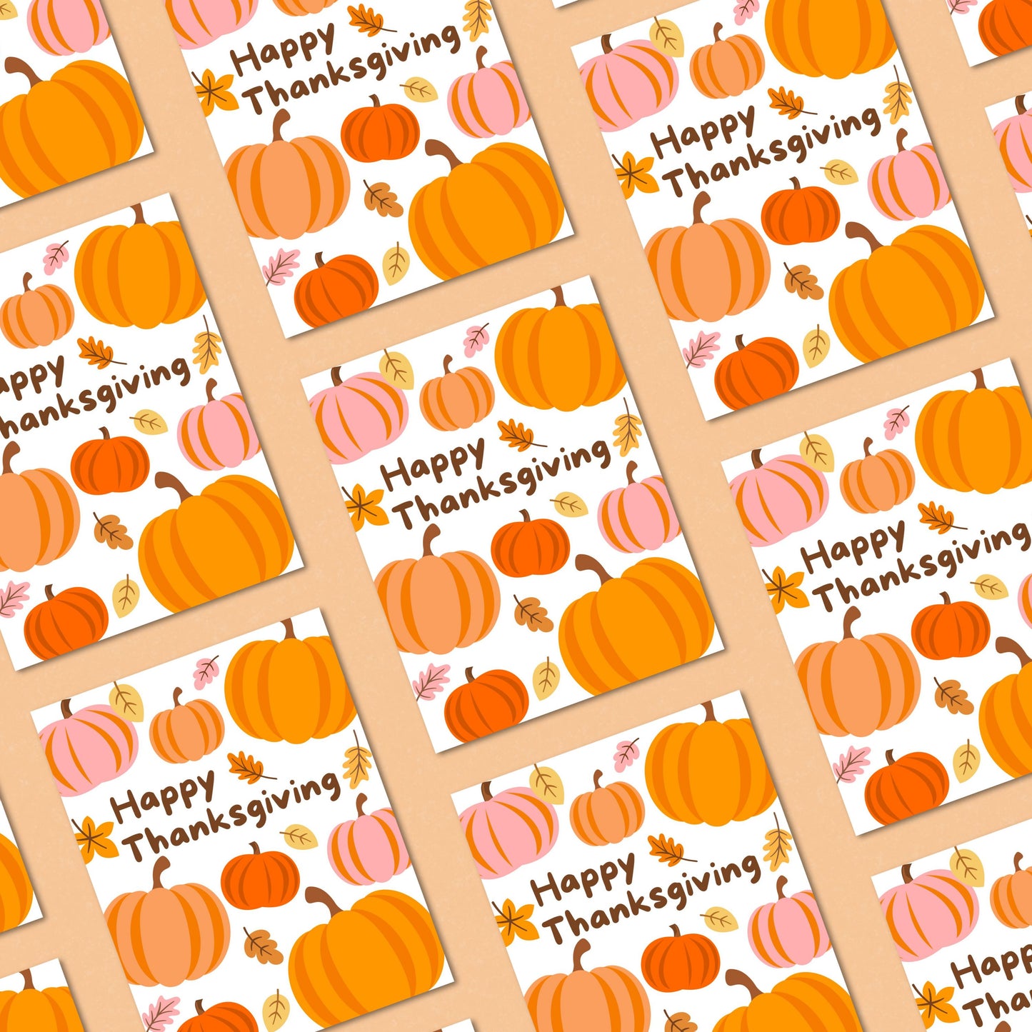 Thanksgiving greeting card with pumpkins and autumn leaves, featuring the phrase 'Happy Thanksgiving'. Festive fall-themed card perfect for expressing gratitude and sending holiday cheer.