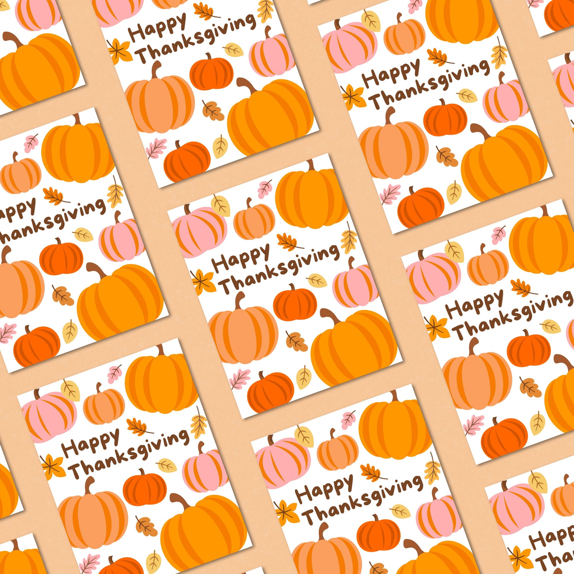Thanksgiving greeting card with pumpkins and autumn leaves, featuring the phrase 'Happy Thanksgiving'. Festive fall-themed card perfect for expressing gratitude and sending holiday cheer.