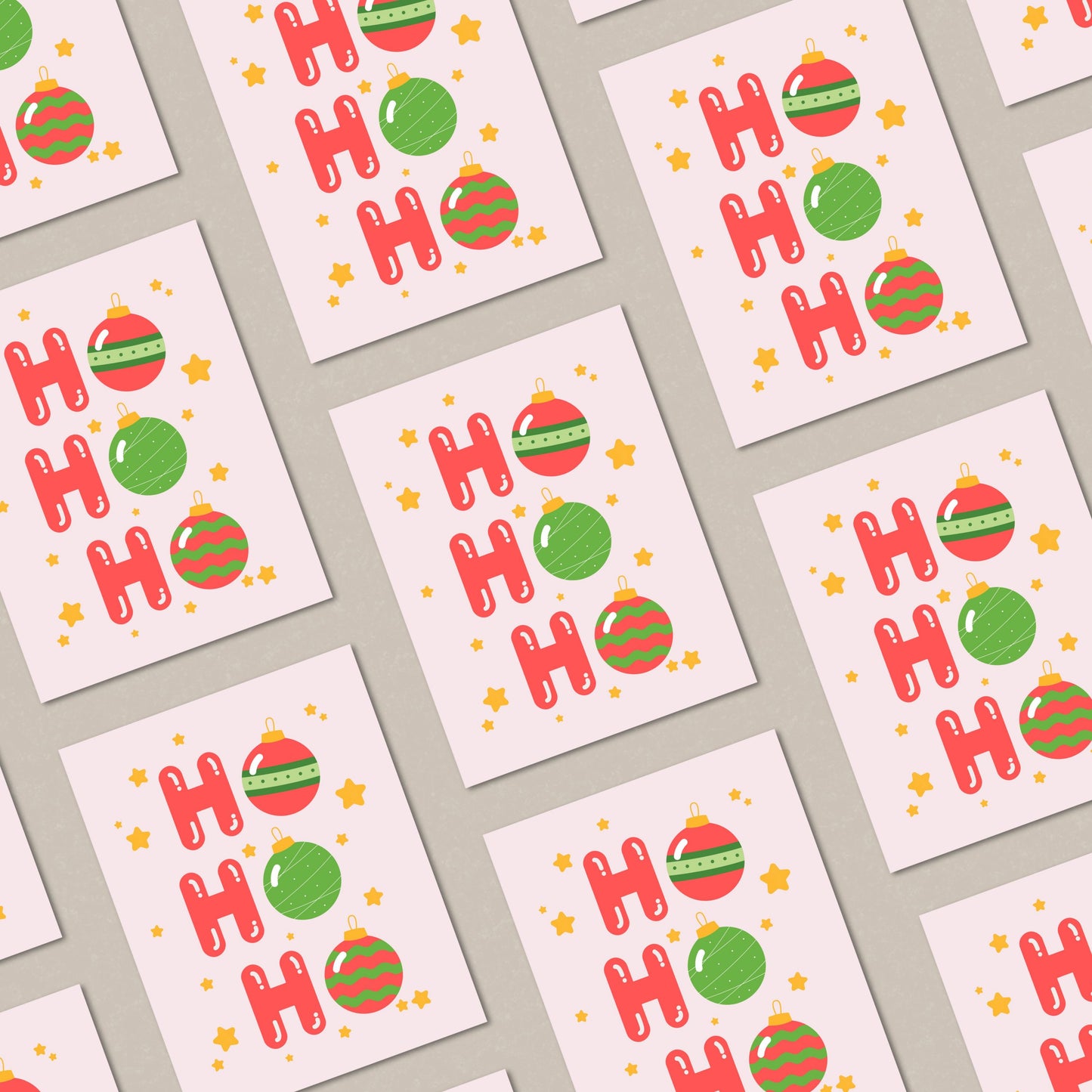 Christmas greeting card with the words 'Ho Ho Ho' featuring festive tree ornaments as the 'O's. The card has a playful holiday design perfect for spreading Christmas cheer. Ideal for sending warm wishes during the holiday season.