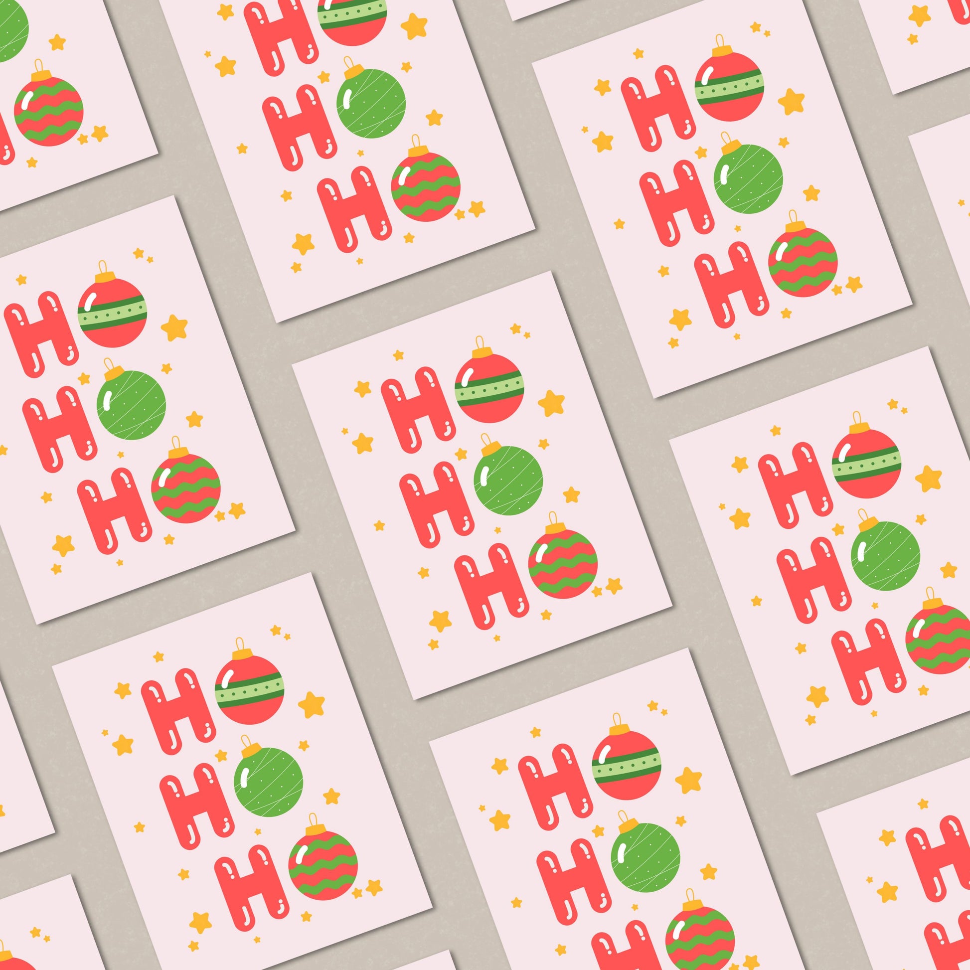 Christmas greeting card with the words 'Ho Ho Ho' featuring festive tree ornaments as the 'O's. The card has a playful holiday design perfect for spreading Christmas cheer. Ideal for sending warm wishes during the holiday season.