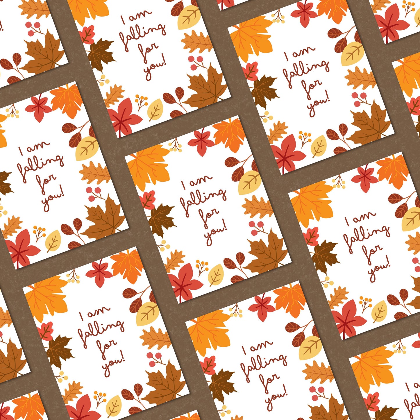 Greeting card with colorful fall leaves and the phrase 'I Am Falling For You' in bold letters. Perfect for expressing love and affection with a seasonal autumn theme. Ideal for romantic gestures or cozy fall greetings.