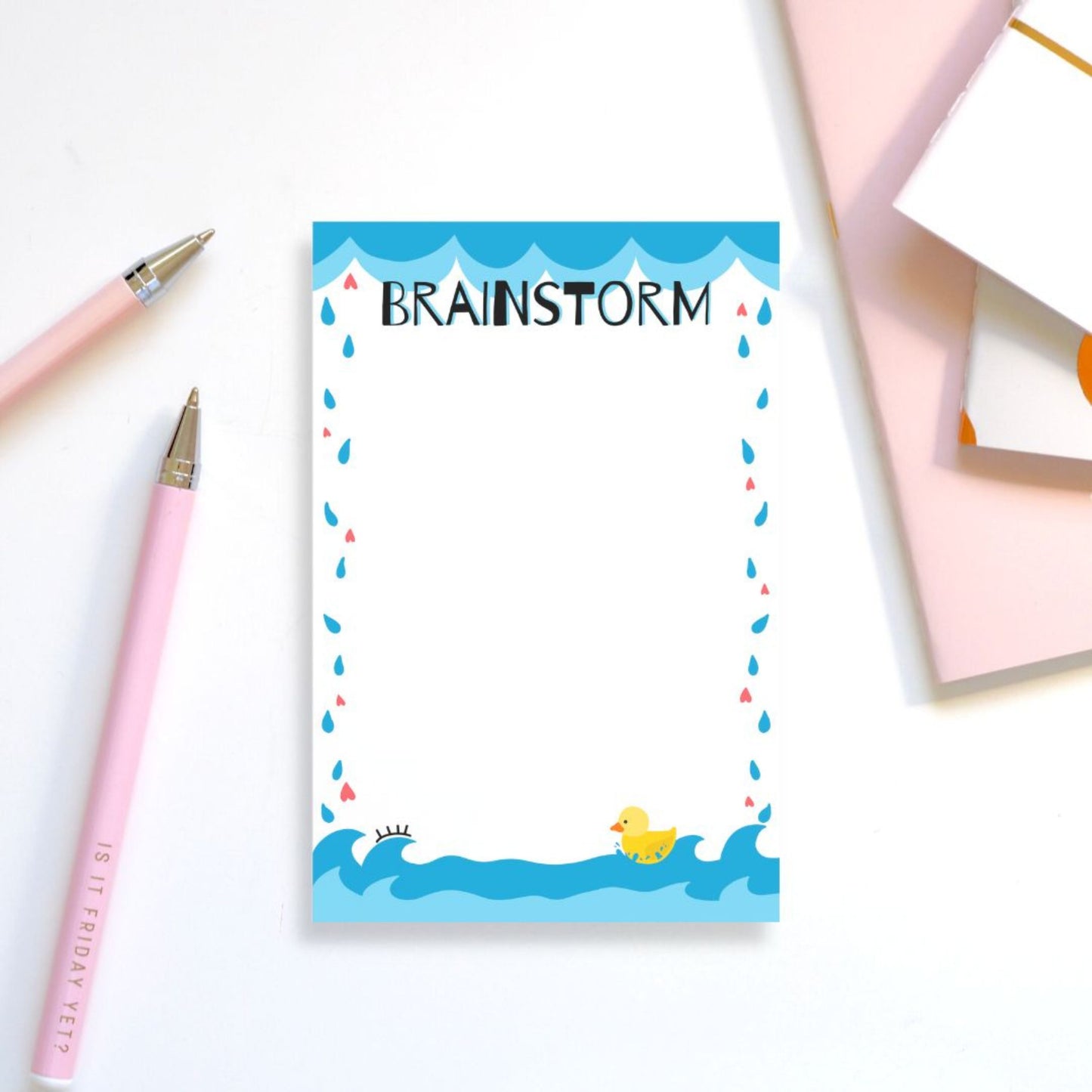 Brainstorm Notepad with heart-shaped rain, ocean bottom, and yellow rubber duck illustration, perfect for capturing ideas, doodling, and creative notes.