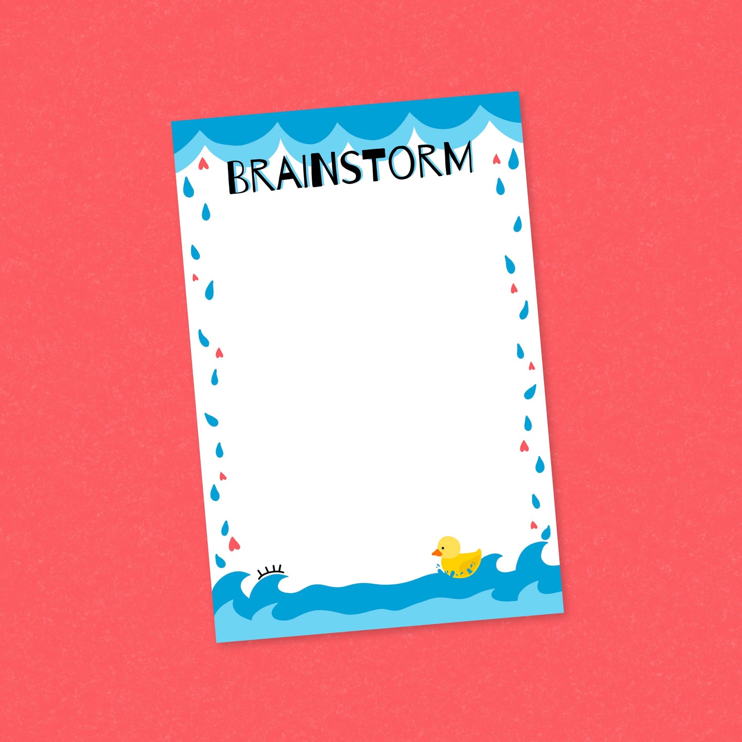 Brainstorm Notepad with heart-shaped rain, ocean bottom, and yellow rubber duck illustration, perfect for capturing ideas, doodling, and creative notes.