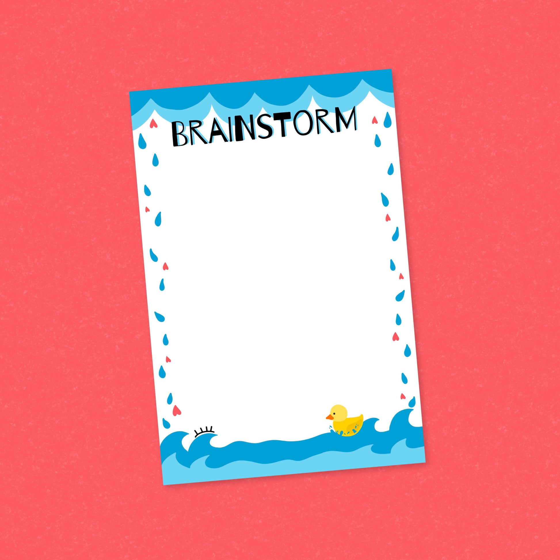 Brainstorm Notepad with heart-shaped rain, ocean bottom, and yellow rubber duck illustration, perfect for capturing ideas, doodling, and creative notes.