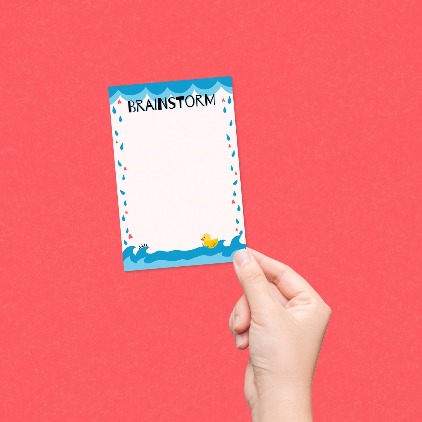 Brainstorm Notepad with heart-shaped rain, ocean bottom, and yellow rubber duck illustration, perfect for capturing ideas, doodling, and creative notes.