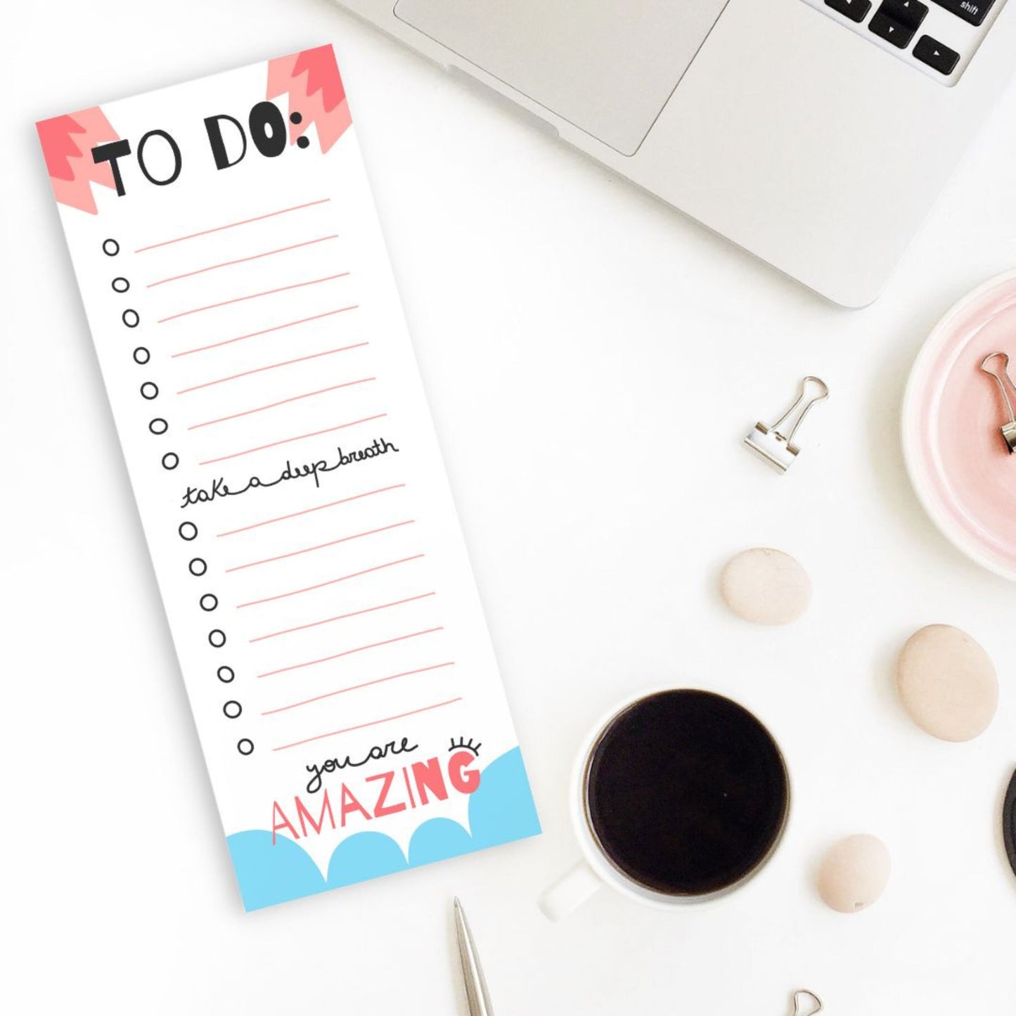 To Do notepad with 'Take a Deep Breath' and 'You Are Amazing' phrases, fun and motivating design for daily tasks.