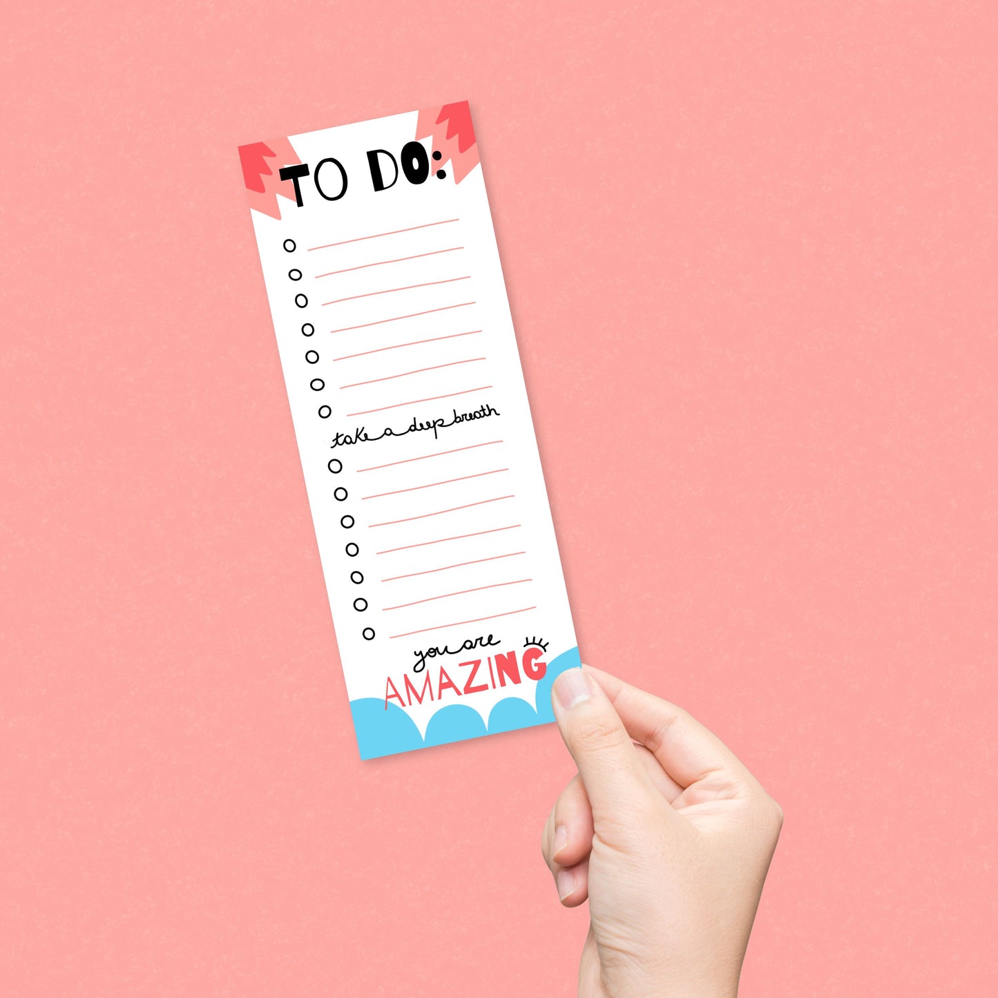 To Do notepad with 'Take a Deep Breath' and 'You Are Amazing' phrases, fun and motivating design for daily tasks.