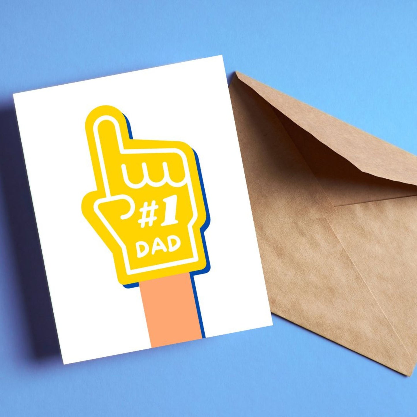Greeting card with the phrase Number 1 Dad and a drawing of a yellow foam hand. Perfect for celebrating Father's Day or a birthday with humor and charm, showing your dad he's the best.