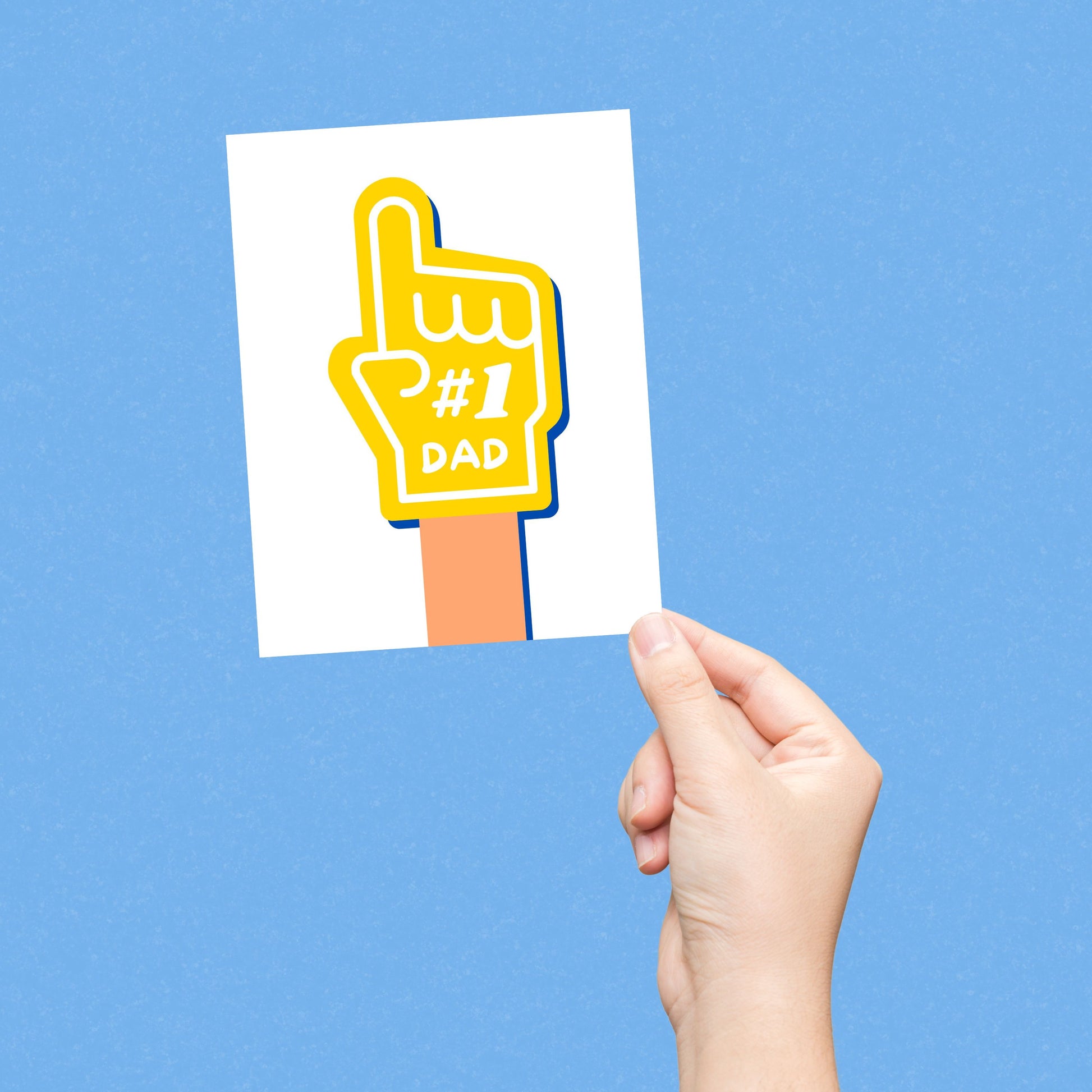 Greeting card with the phrase Number 1 Dad and a drawing of a yellow foam hand. Perfect for celebrating Father's Day or a birthday with humor and charm, showing your dad he's the best.