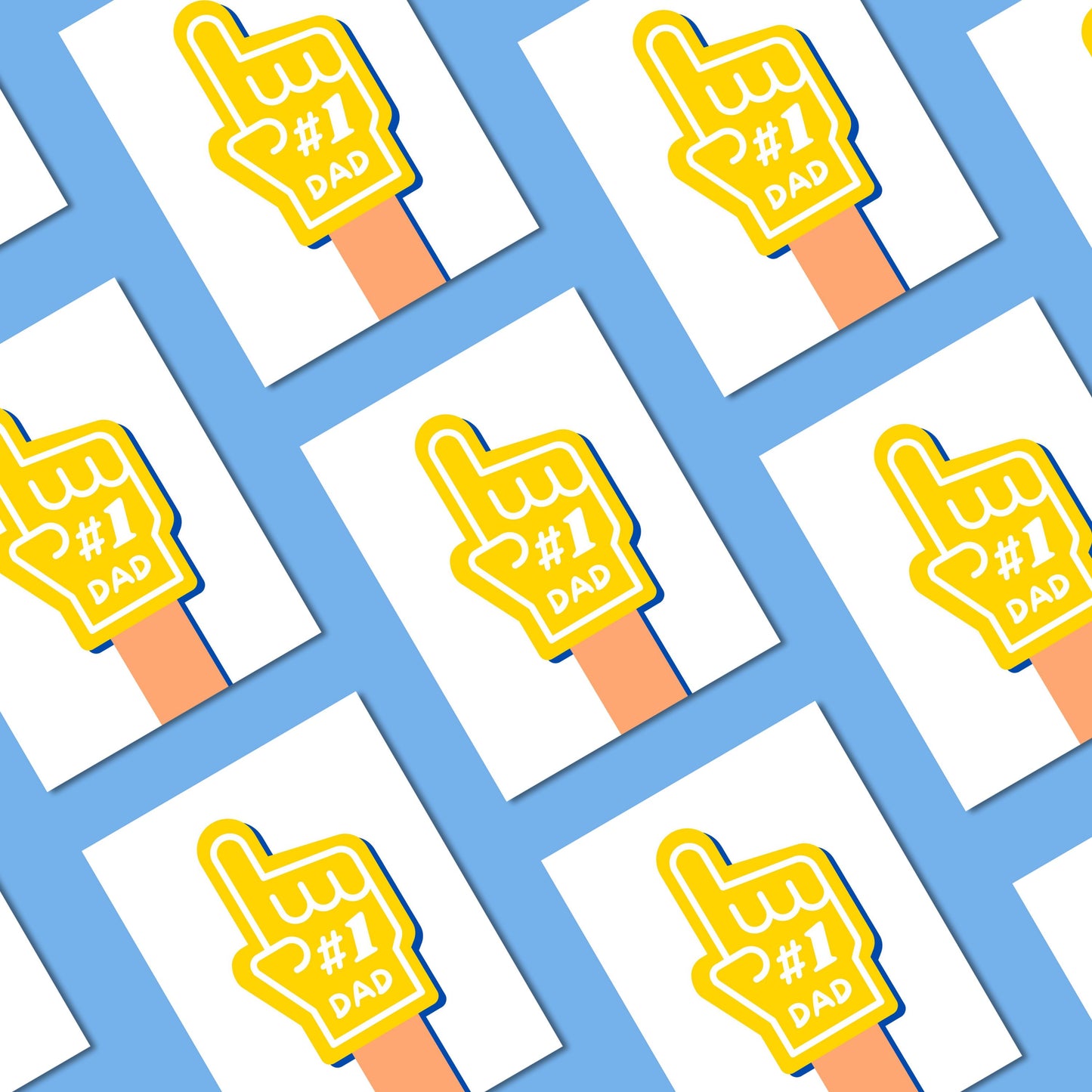 Greeting card with the phrase Number 1 Dad and a drawing of a yellow foam hand. Perfect for celebrating Father's Day or a birthday with humor and charm, showing your dad he's the best.