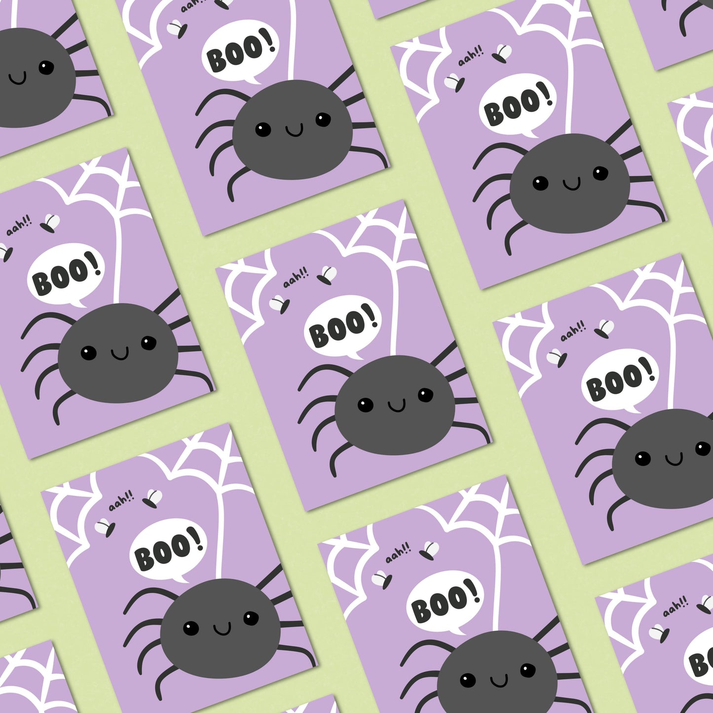 Halloween greeting card with a purple background filled with spider webs, a large black spider saying 'boo' in a speech bubble, and two scared flies exclaiming 'aah.' Funny and spooky design perfect for Halloween greetings.