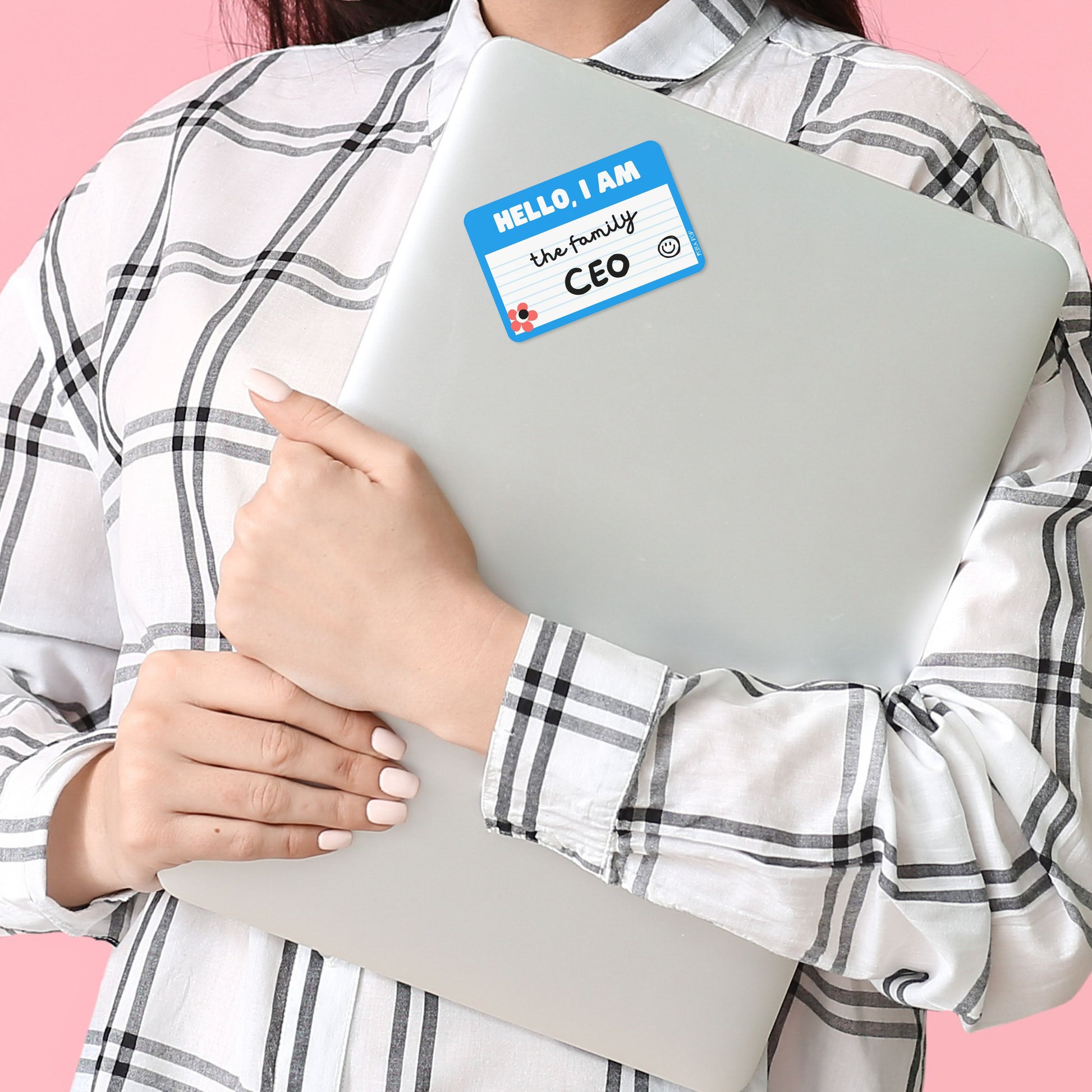 Blue name tag sticker with a fun phrase: Hello, I am The Family CEO written inside, perfect for anyone running the household with style and humor.