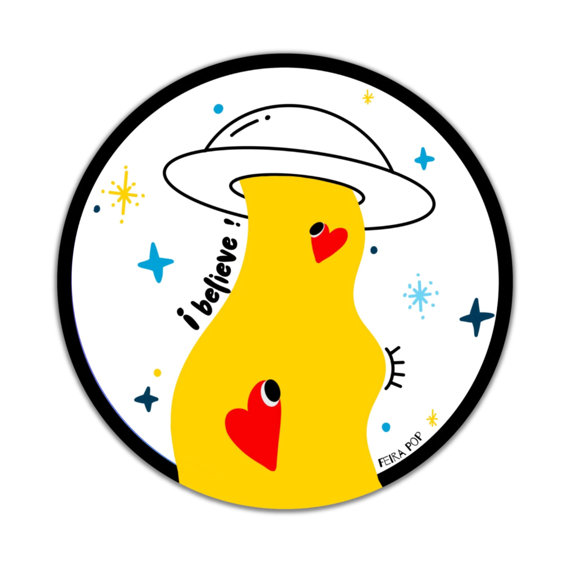 Sticker with the phrase I Believe featuring an original drawing of a UFO abducting two cute red hearts. Perfect for UFO enthusiasts and lovers of whimsical, romantic art.