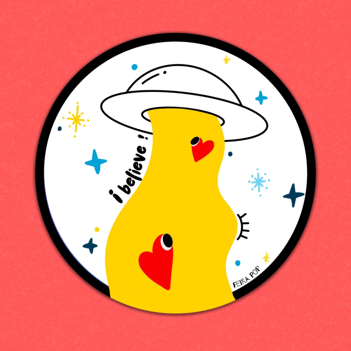 Sticker with the phrase I Believe featuring an original drawing of a UFO abducting two cute red hearts. Perfect for UFO enthusiasts and lovers of whimsical, romantic art.