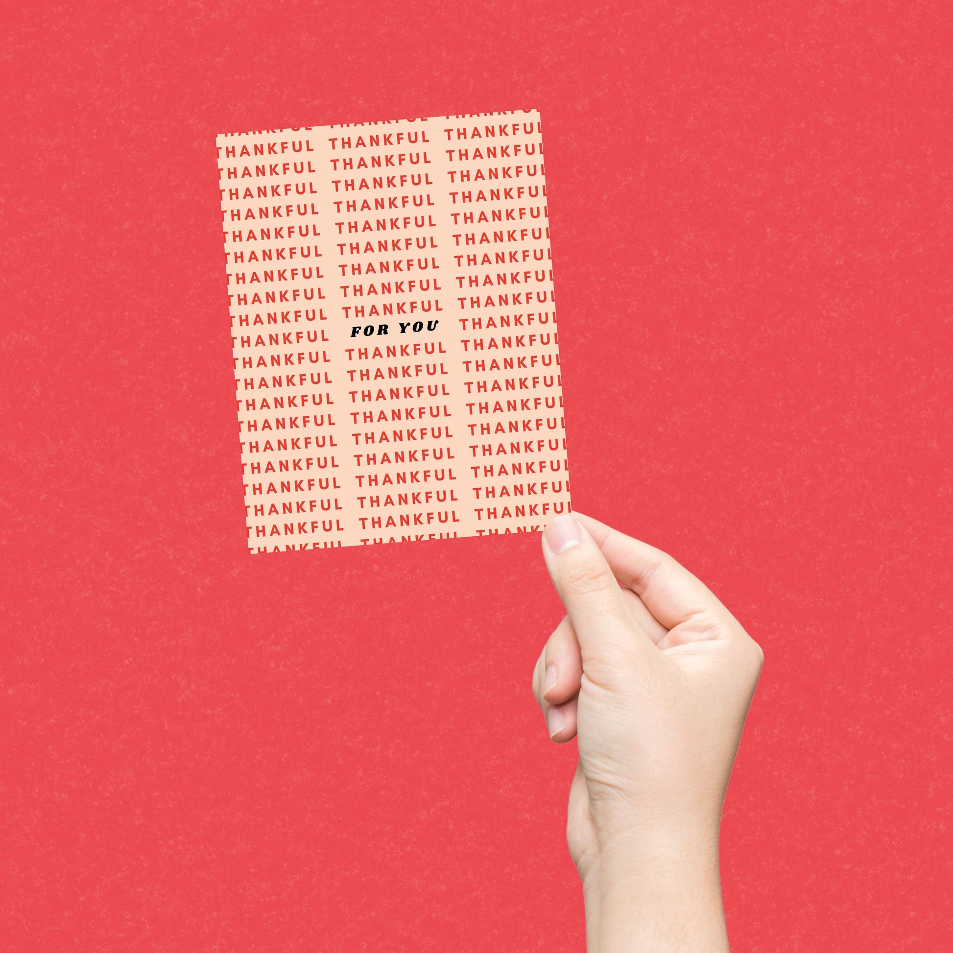 Thank you greeting card featuring a variety of thankful words surrounding the phrase "for you" in the center, perfect for expressing gratitude. Fun and heartfelt card design for any occasion, ideal for showing appreciation with style.