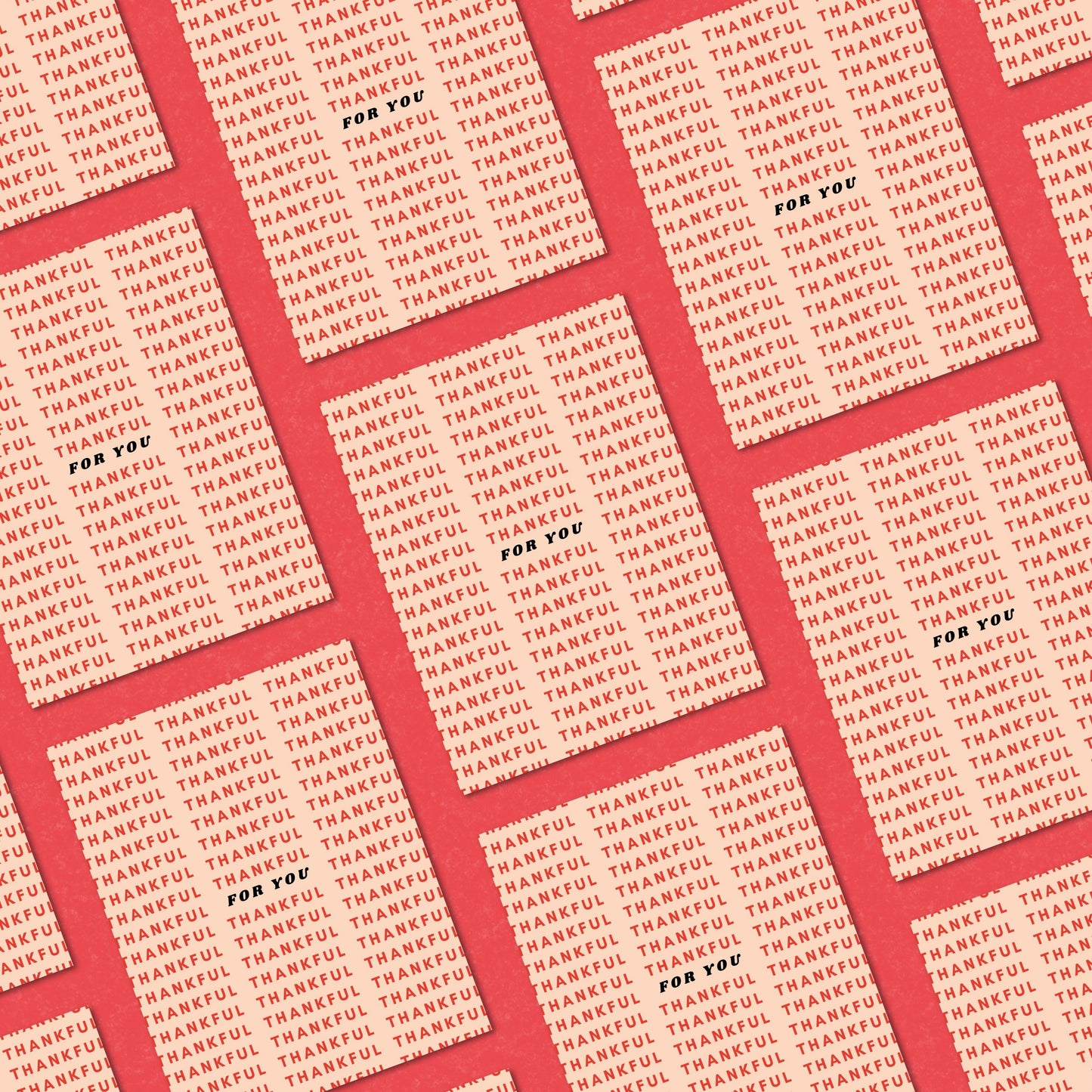 Thank you greeting card featuring a variety of thankful words surrounding the phrase "for you" in the center, perfect for expressing gratitude. Fun and heartfelt card design for any occasion, ideal for showing appreciation with style.