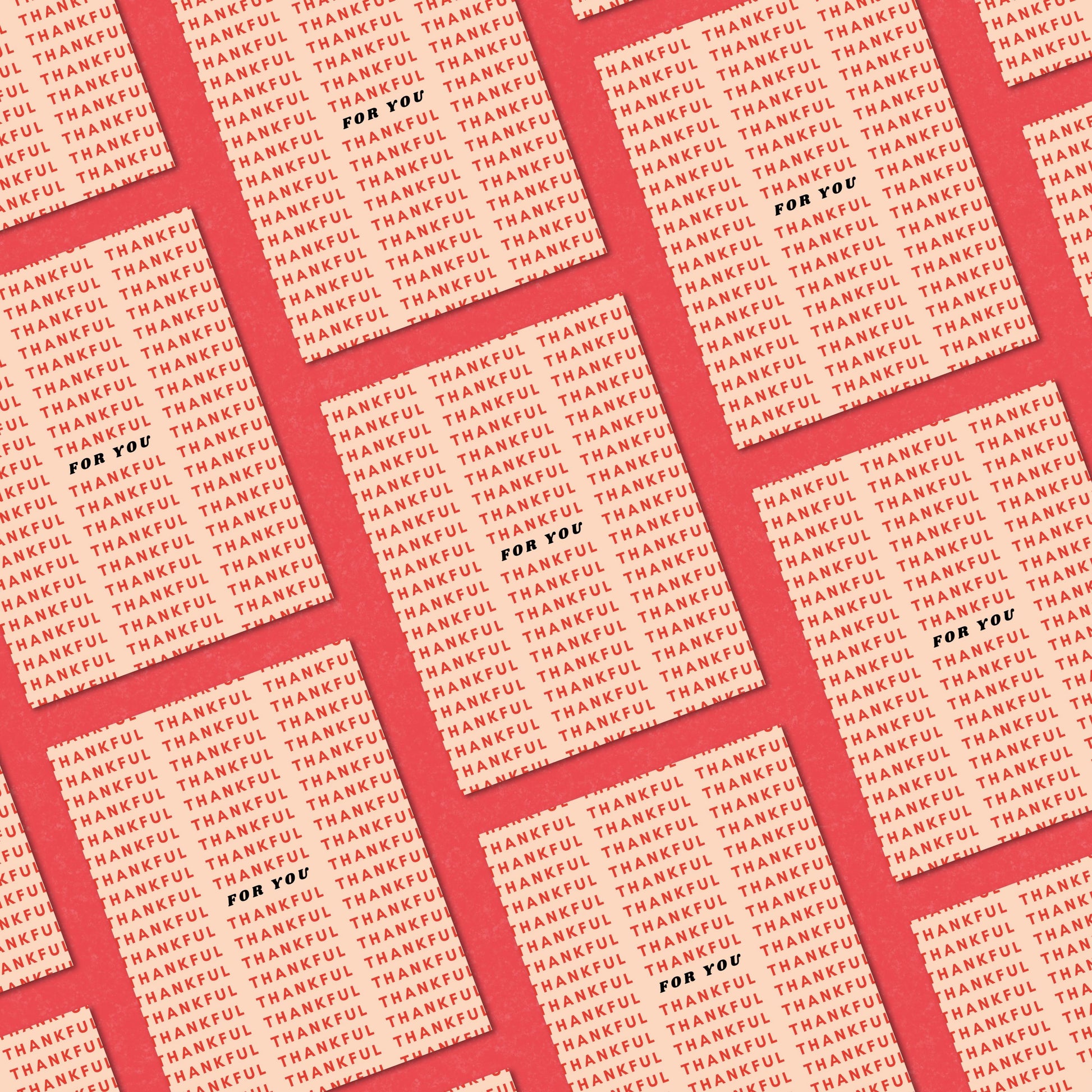 Thank you greeting card featuring a variety of thankful words surrounding the phrase "for you" in the center, perfect for expressing gratitude. Fun and heartfelt card design for any occasion, ideal for showing appreciation with style.