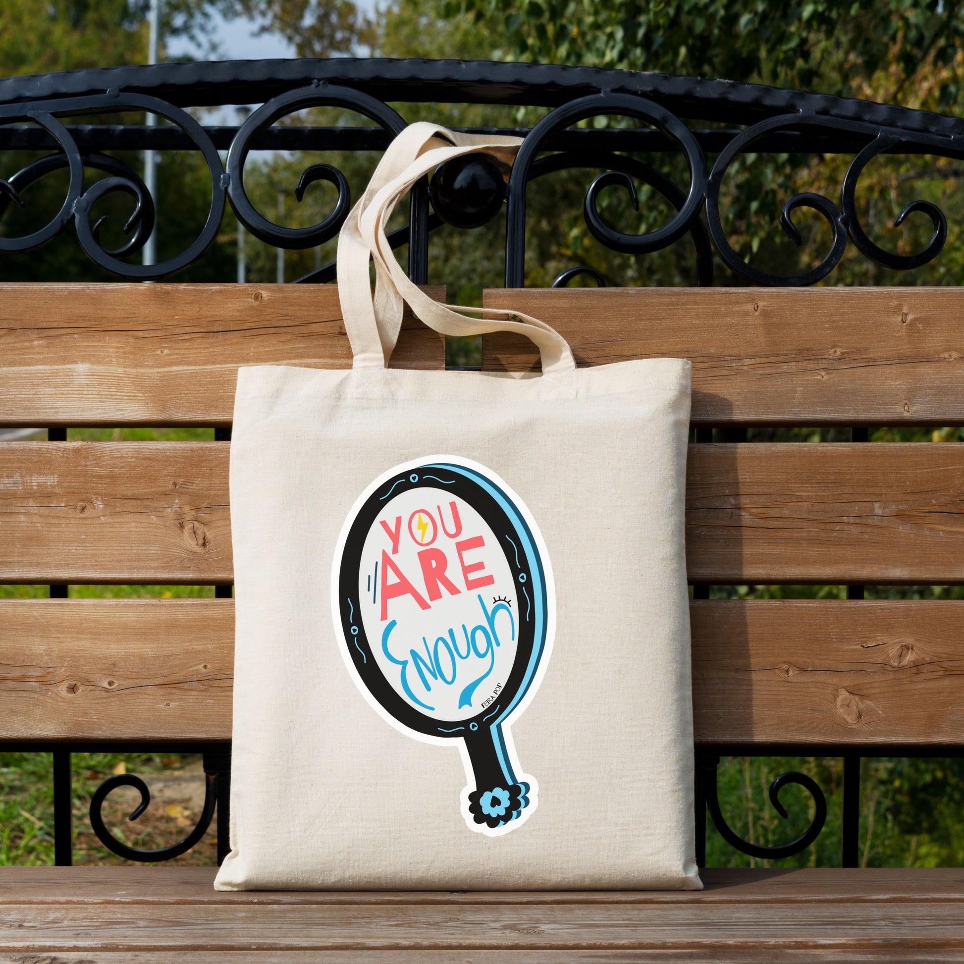 You Are Enough Tote Bag with original drawing of a handheld mirror and motivational phrase, perfect for carrying essentials while spreading positivity and self-love.