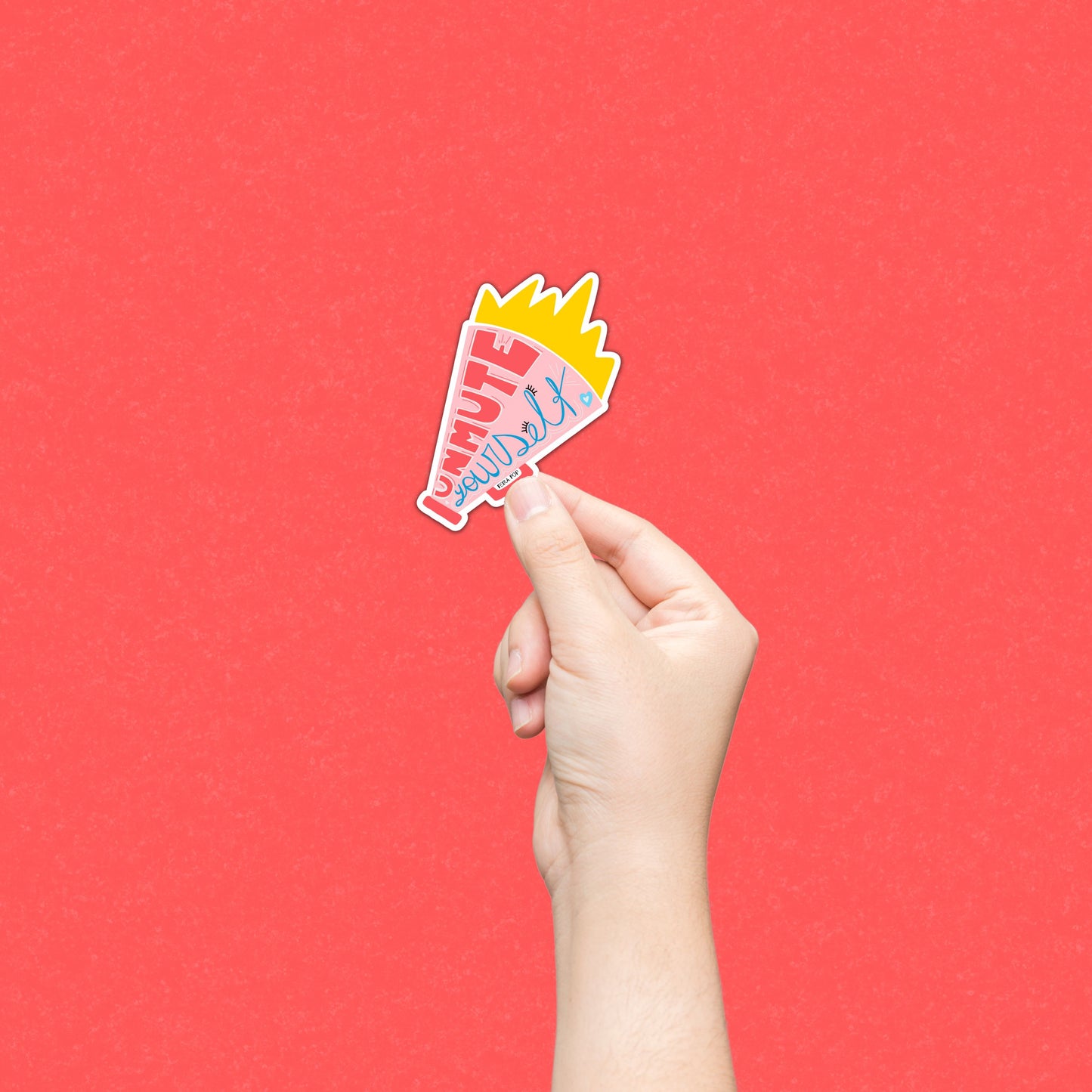 Unmute Yourself sticker with a pink megaphone design and the empowering phrase Unmute Yourself written inside.