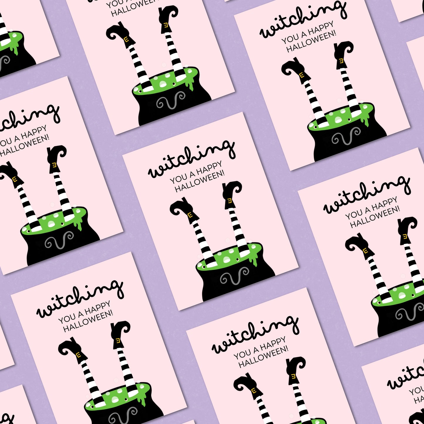 Halloween greeting card with a cauldron and two witch legs sticking out, featuring the phrase "Witching You A Happy Halloween," perfect for sending spooky and funny Halloween wishes.