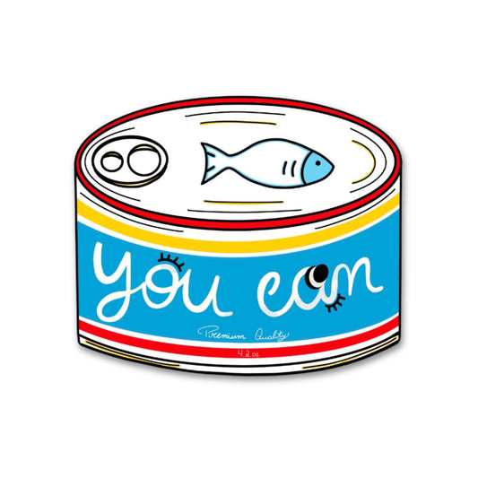 Blue tinned fish sticker with You Can written on it, serving as a quirky and motivational reminder for daily encouragement.