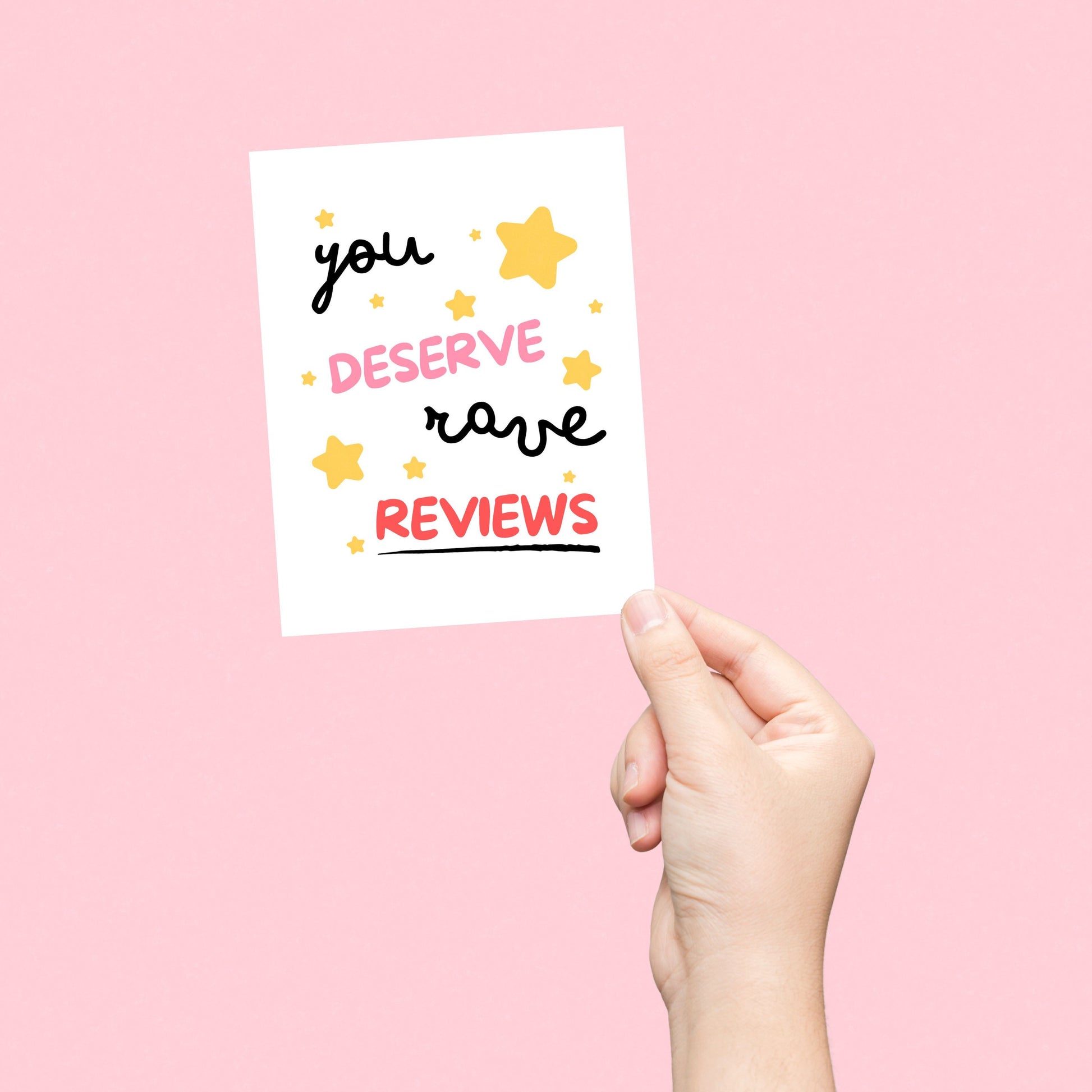 Greeting card with starry design and the phrase You Deserve Rave Reviews. Perfect for celebrating achievements, milestones, or sending praise, this card features a fun and playful design full of stars. Ideal for showing appreciation and making someone feel like a superstar.