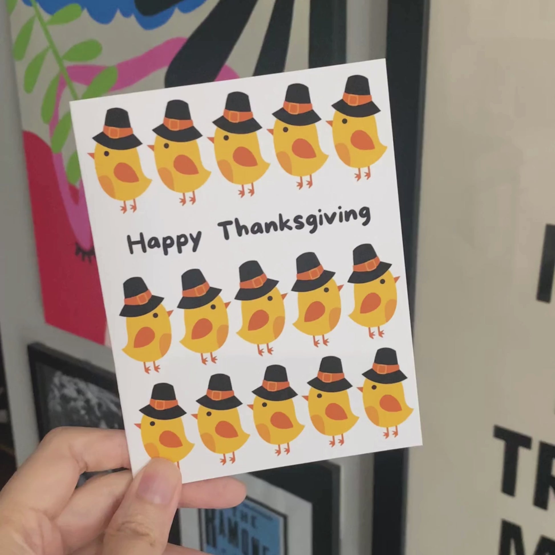 Cute Thanksgiving greeting card featuring adorable cartoon chicks wearing pilgrim hats with the phrase "Happy Thanksgiving" in bold. Perfect for spreading holiday cheer, humor, and festive vibes.