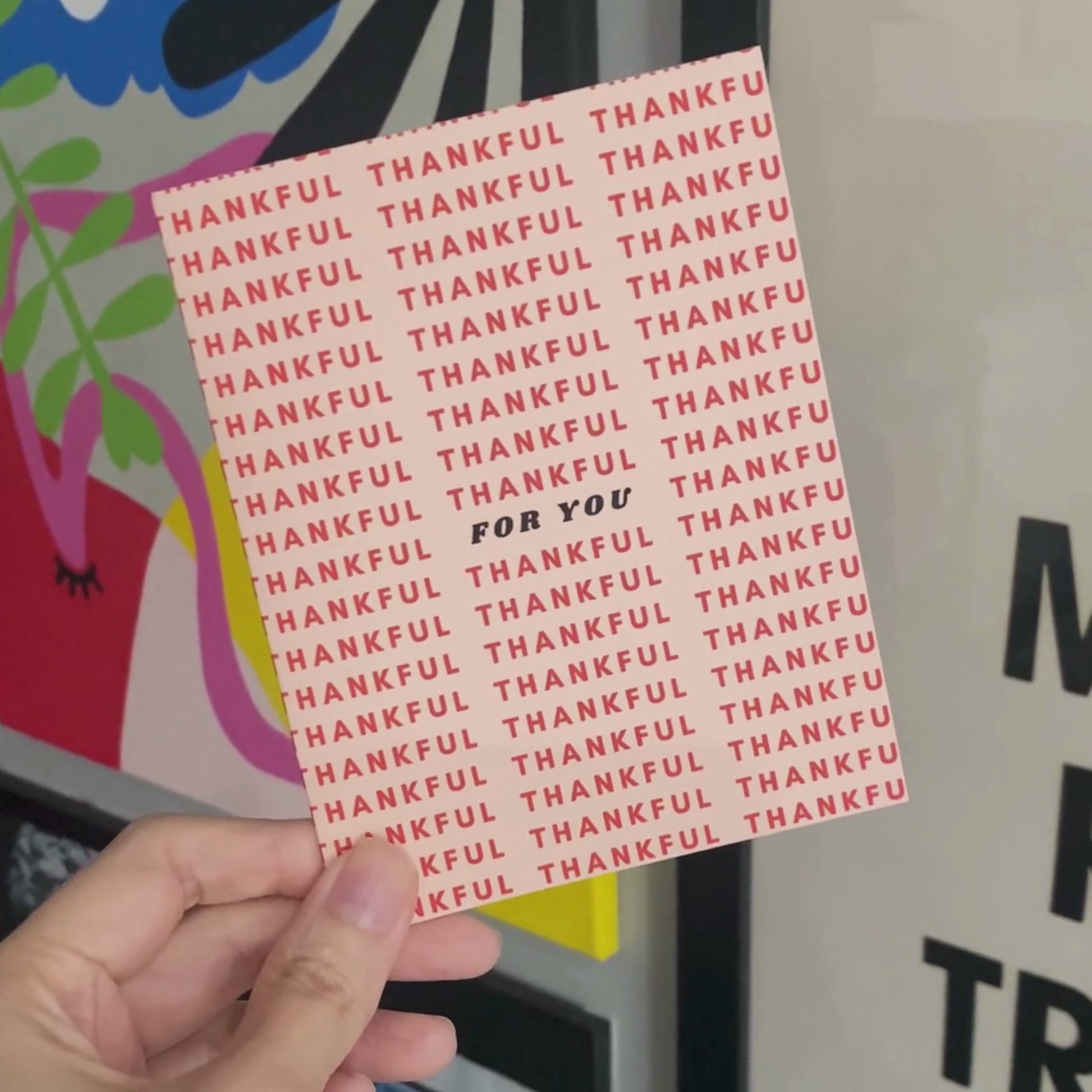 Thank you greeting card featuring a variety of thankful words surrounding the phrase "for you" in the center, perfect for expressing gratitude. Fun and heartfelt card design for any occasion, ideal for showing appreciation with style.