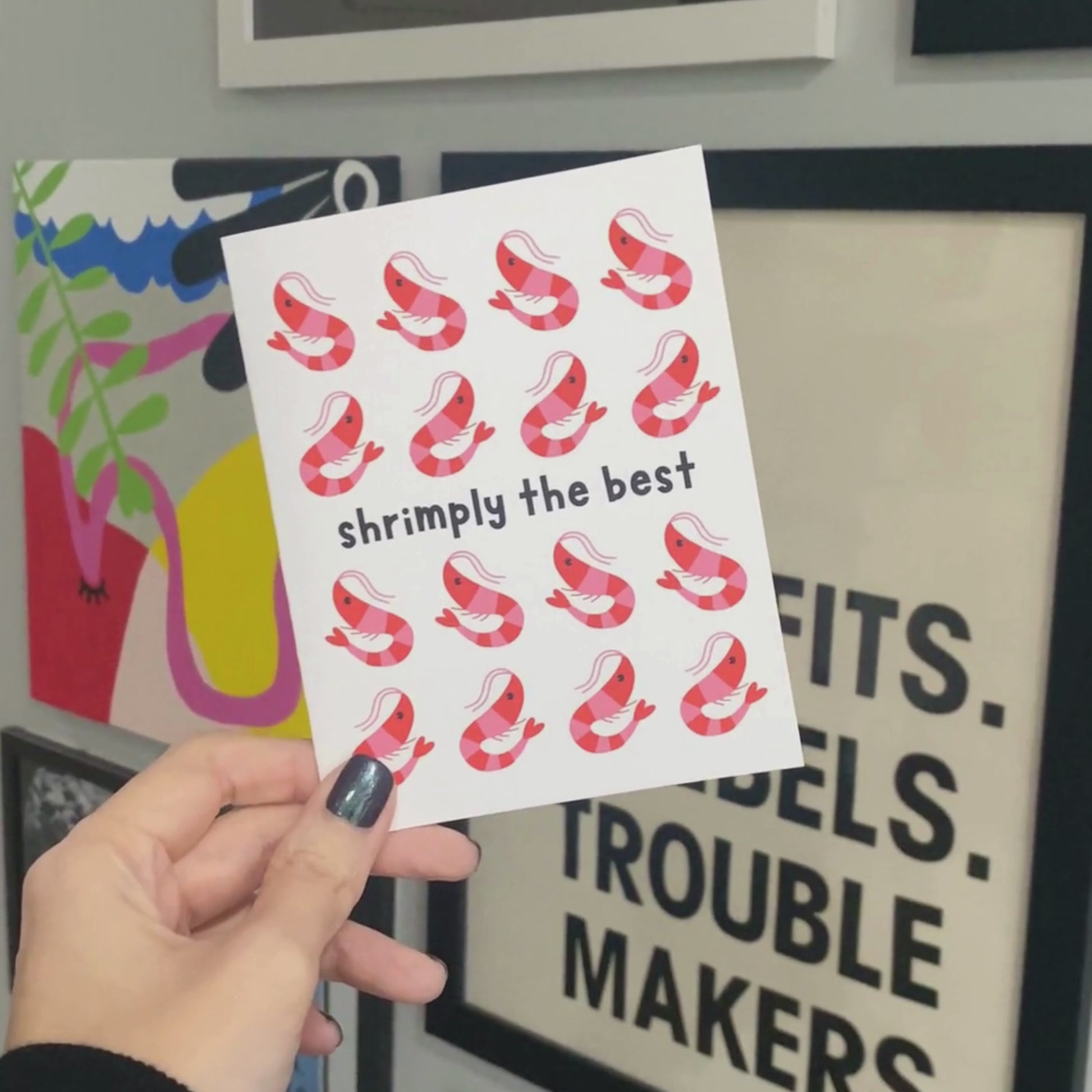 Cute greeting card featuring multiple cartoon shrimp illustrations with the playful phrase Shrimply the Best, perfect for thank you notes, encouragement, or celebrating someone special, printed on premium cardstock