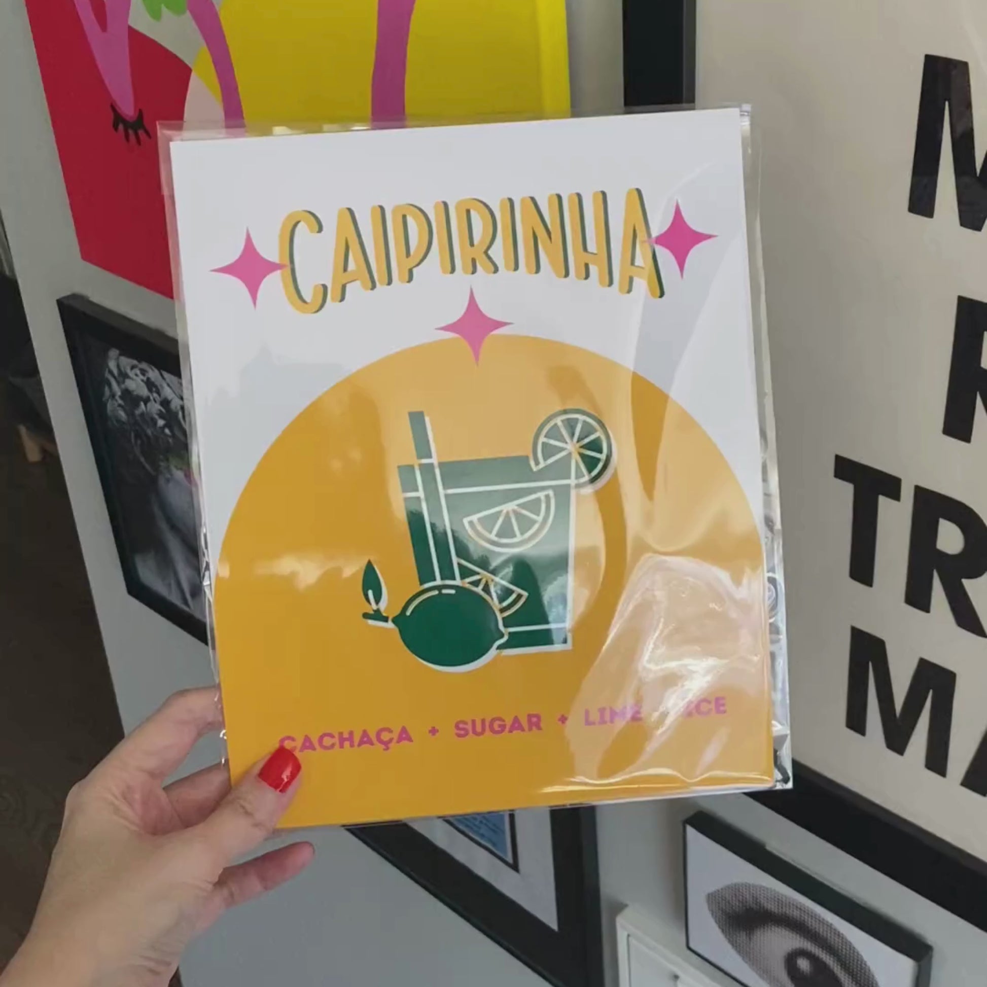 Caipirinha Cocktail art print with a white and yellow background featuring a green caipirinha cocktail drawing and ingredients listed at the bottom. Vibrant and fun design perfect for kitchens and bars.