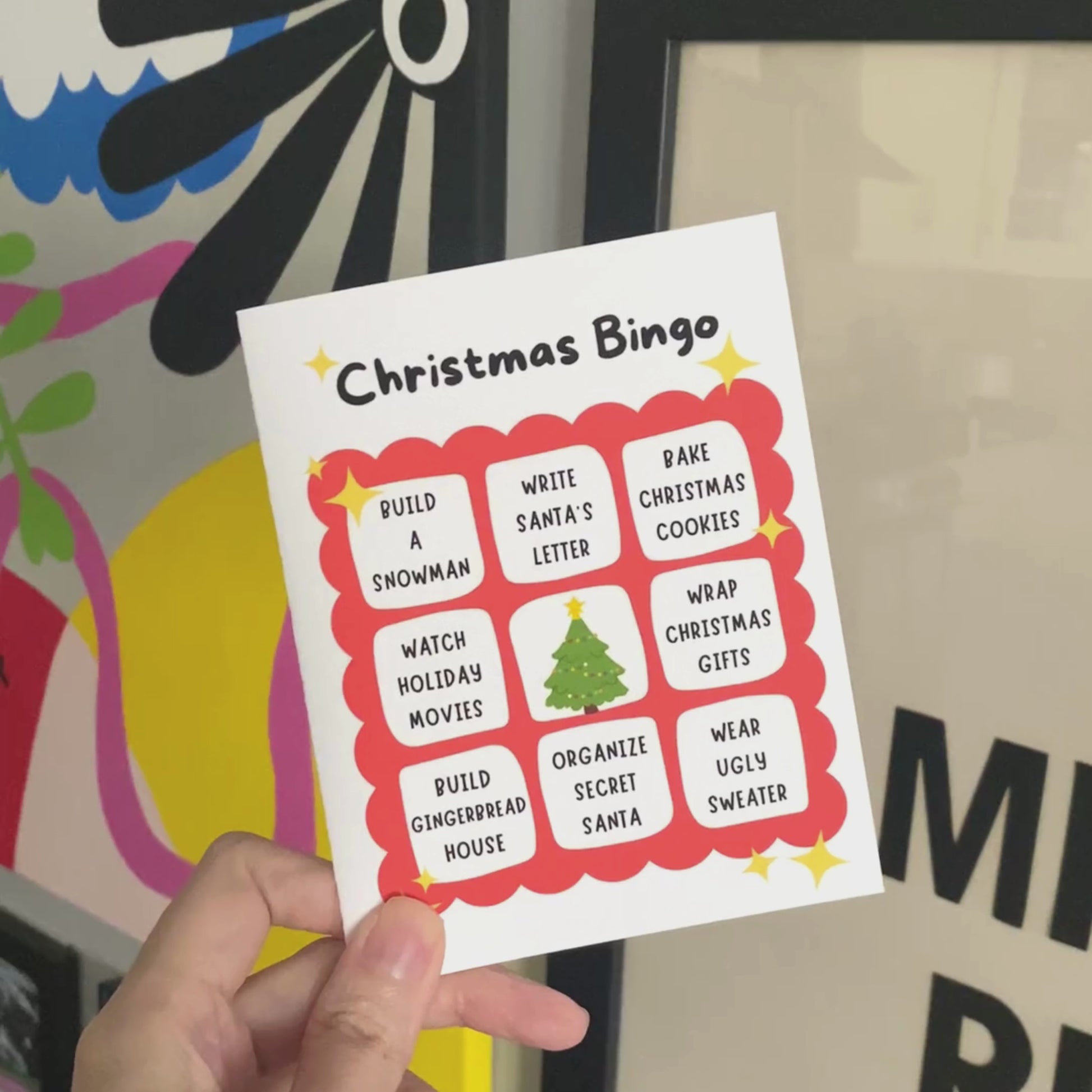 Christmas Bingo greeting card featuring festive activities like building a snowman, writing a letter to Santa, wearing an ugly sweater, and building a gingerbread house. Perfect for spreading holiday cheer with a playful twist.