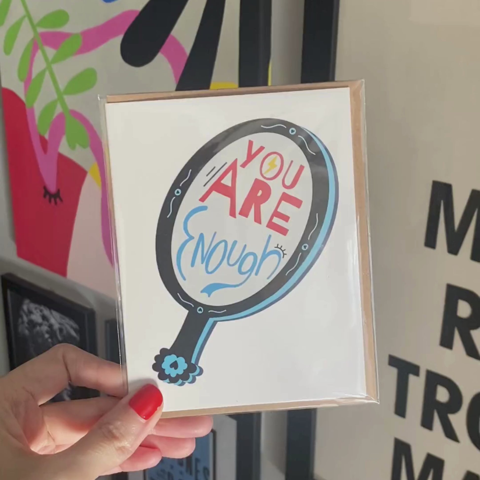 Greeting card with the phrase You Are Enough inside an original design of a handheld mirror on a white background. Perfect for birthdays, encouragement, or just because, to remind someone of their worth with a heartfelt sentiment.