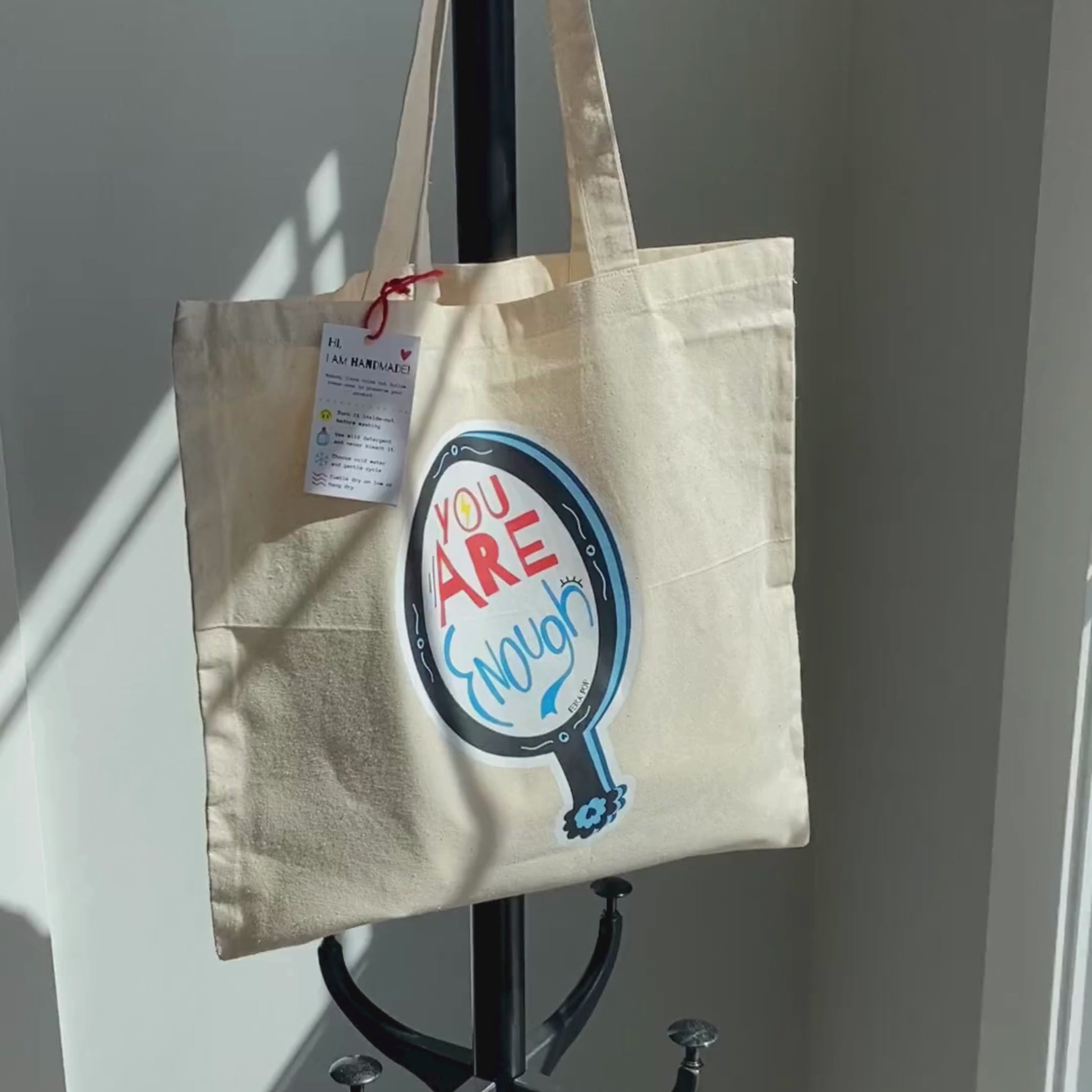 You Are Enough Tote Bag with original drawing of a handheld mirror and motivational phrase, perfect for carrying essentials while spreading positivity and self-love.