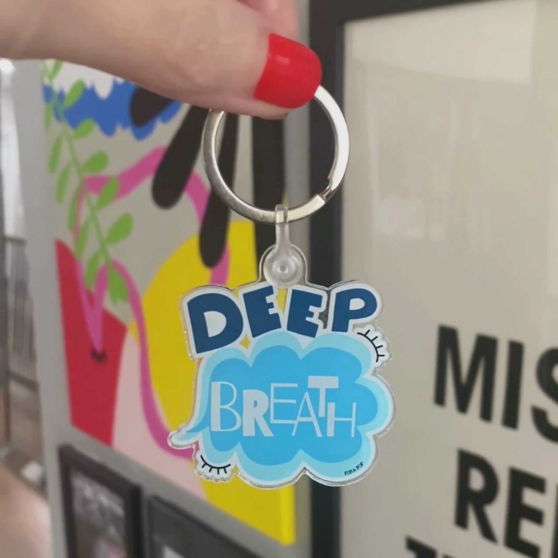 Deep Breath Keychain with whimsical cloud drawing and calming reminder text, perfect for stress relief and daily inspiration.