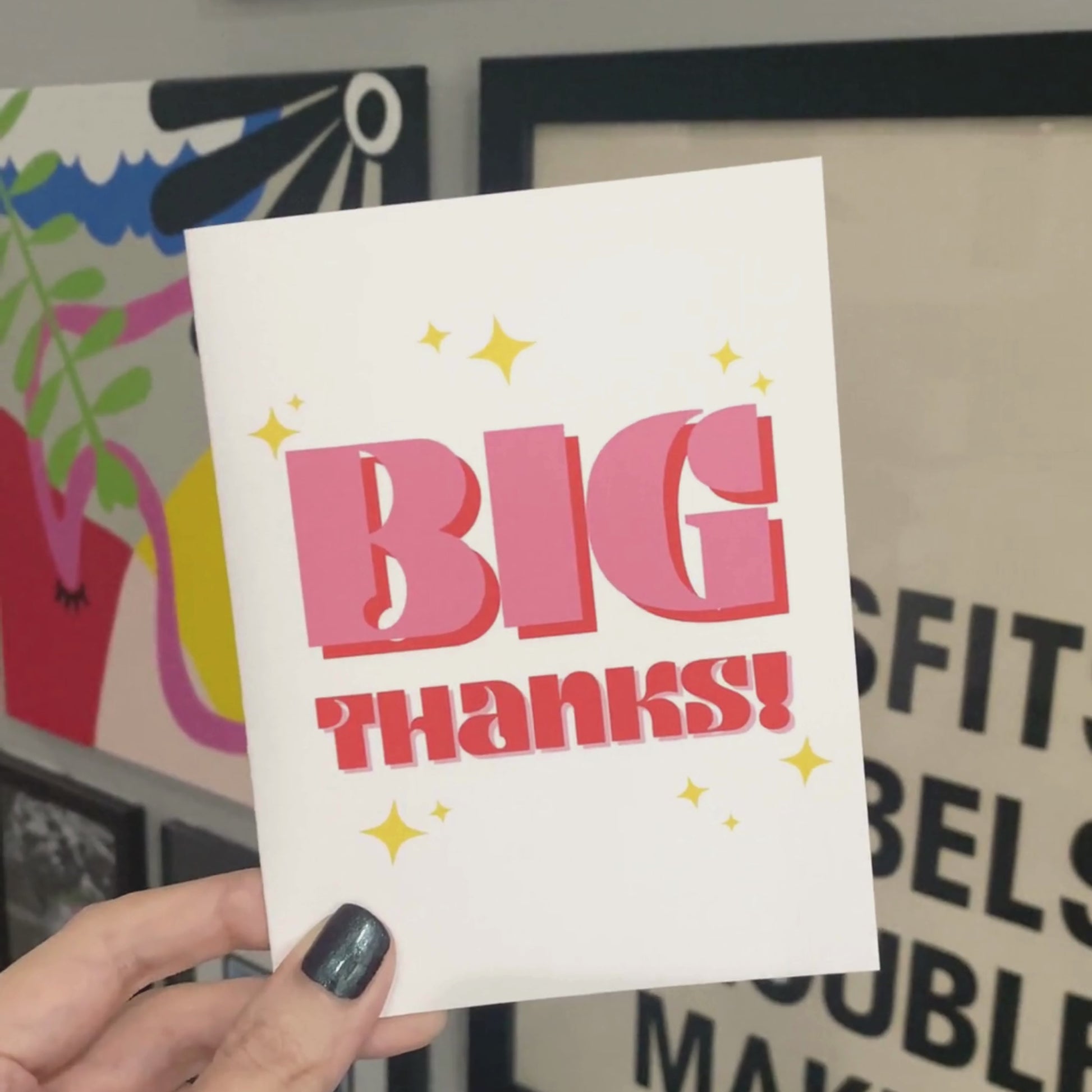 Big Thanks greeting card with bold lettering surrounded by stars, perfect for showing appreciation with humor and style.