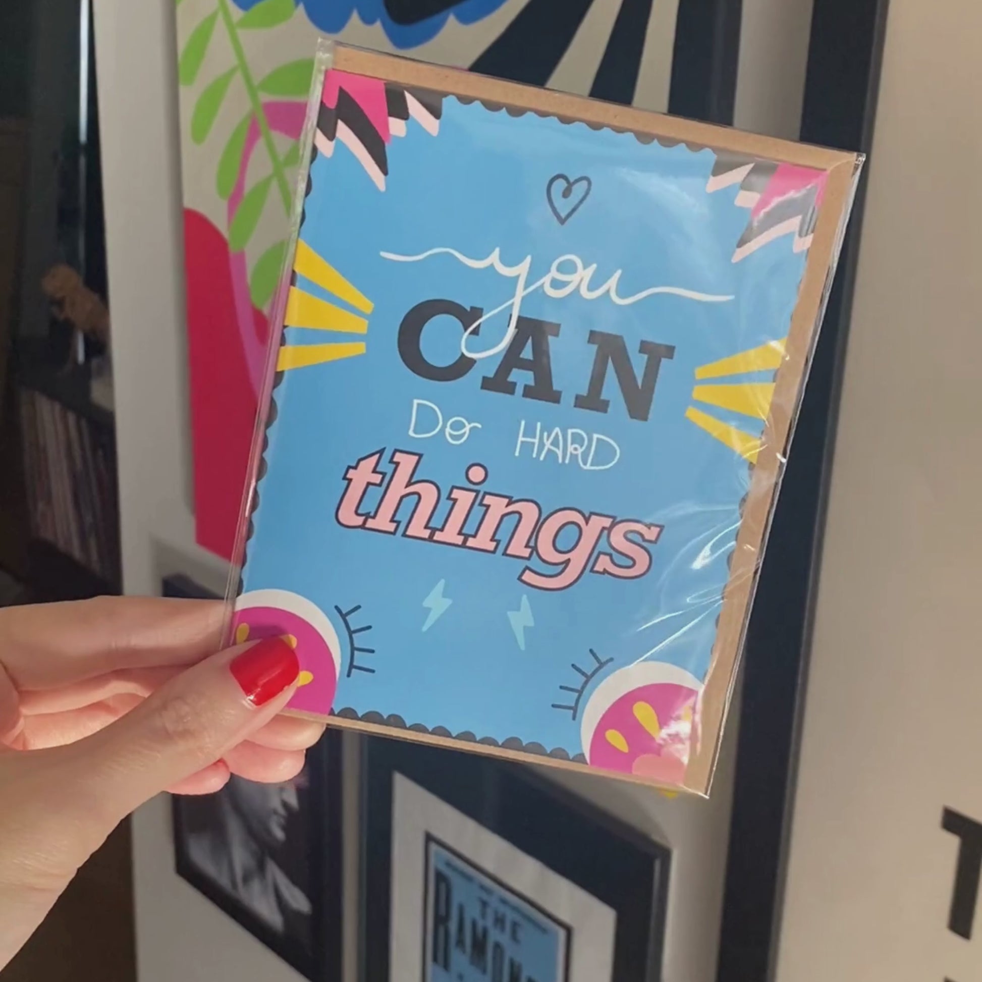 Greeting card with the phrase You Can Do Hard Things featuring original lettering and a colorful border. Perfect for encouraging and uplifting someone with cuteness and motivation.