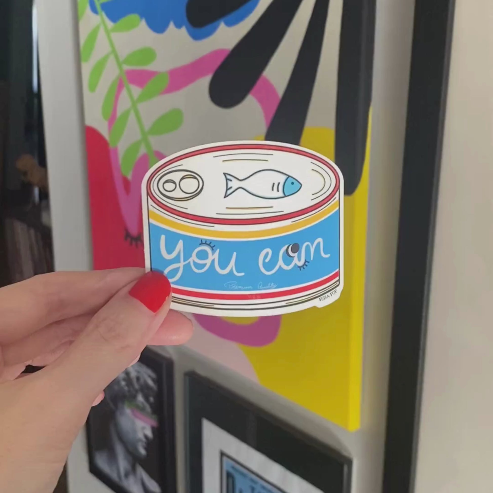 Blue tinned fish sticker with You Can written on it, serving as a quirky and motivational reminder for daily encouragement.