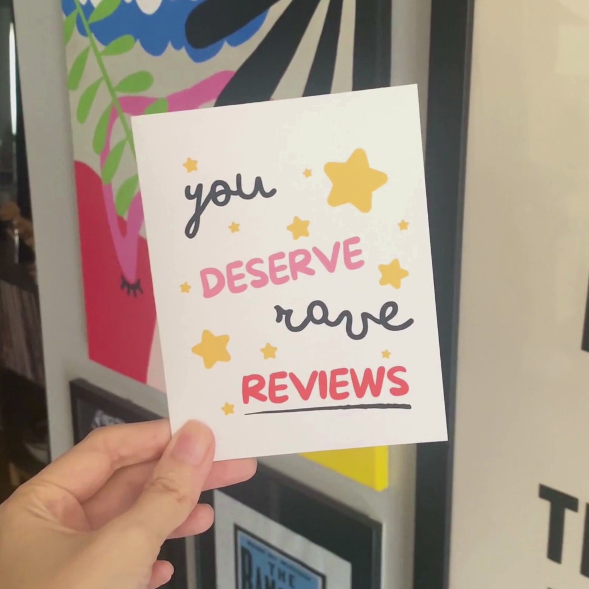 Greeting card with starry design and the phrase You Deserve Rave Reviews. Perfect for celebrating achievements, milestones, or sending praise, this card features a fun and playful design full of stars. Ideal for showing appreciation and making someone feel like a superstar.