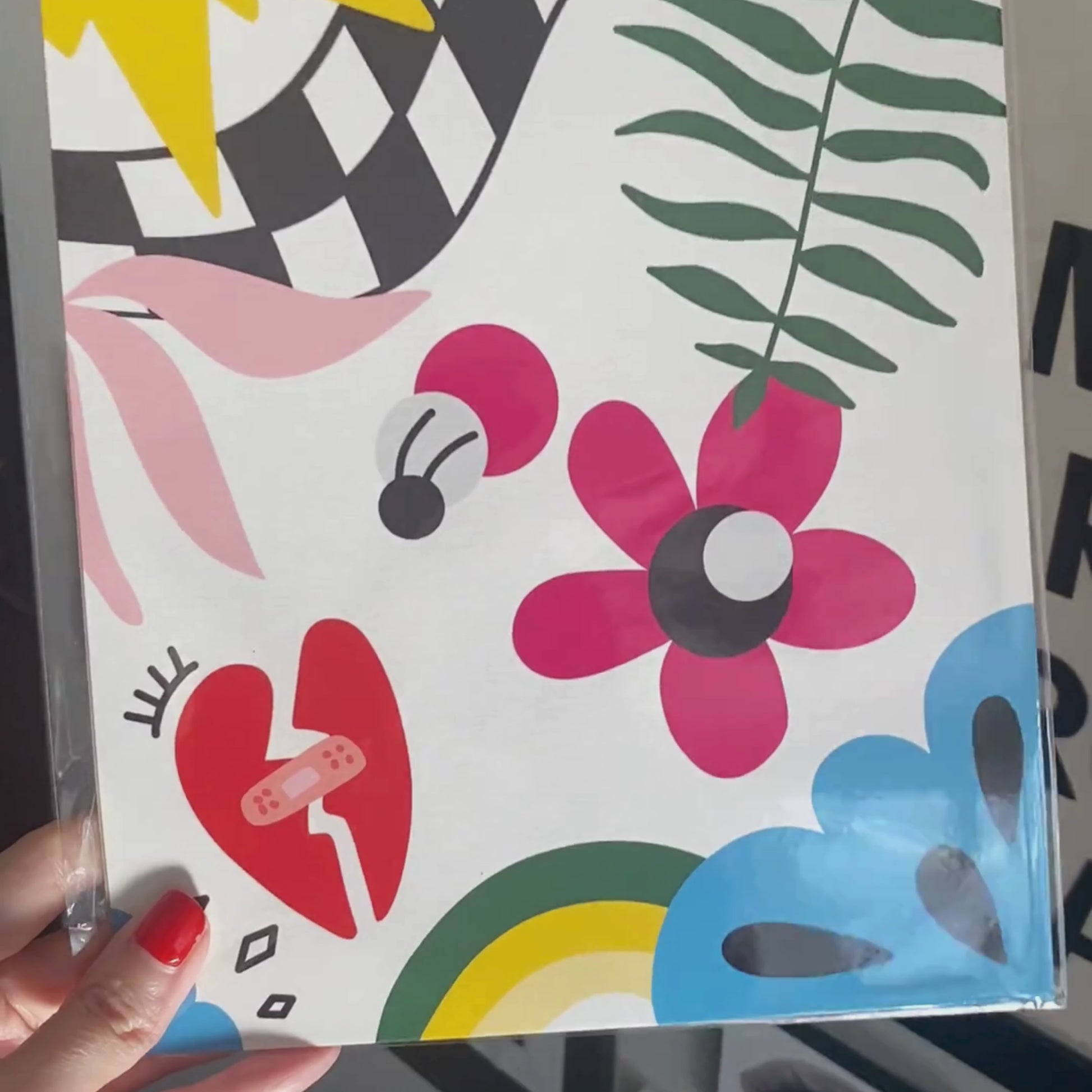 Path to Heal art print with colorful drawings on a white background, featuring a checkerboard road, a broken heart with a band-aid, and a flower, symbolizing the journey to healing.