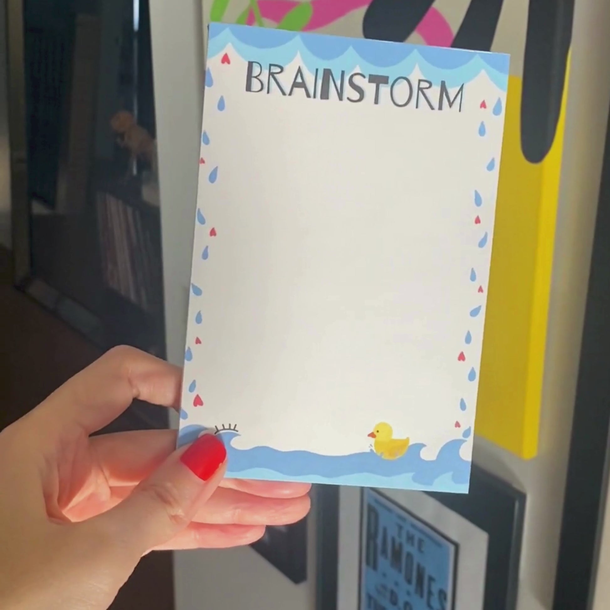 Brainstorm Notepad with heart-shaped rain, ocean bottom, and yellow rubber duck illustration, perfect for capturing ideas, doodling, and creative notes.