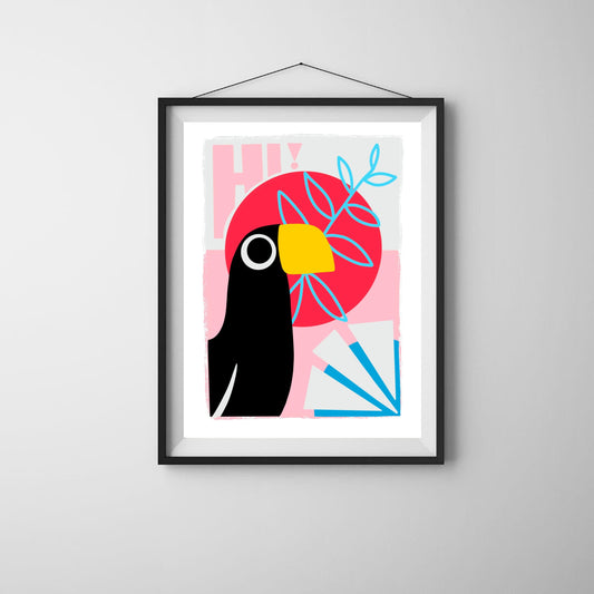 Colorful art print of a cheerful toucan with the word Hi – perfect for adding a tropical and playful touch to any room.