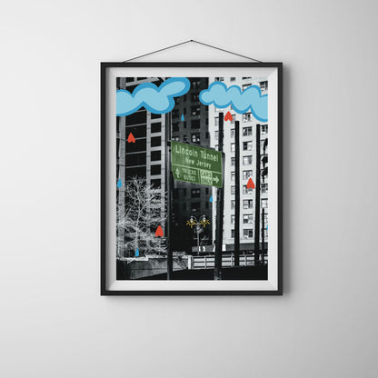 Black and white art print of the Lincoln Tunnel with illustrated clouds raining hearts and a glowing streetlight. Urban wall art mixing photography and illustration, perfect for New York lovers and modern home décor.